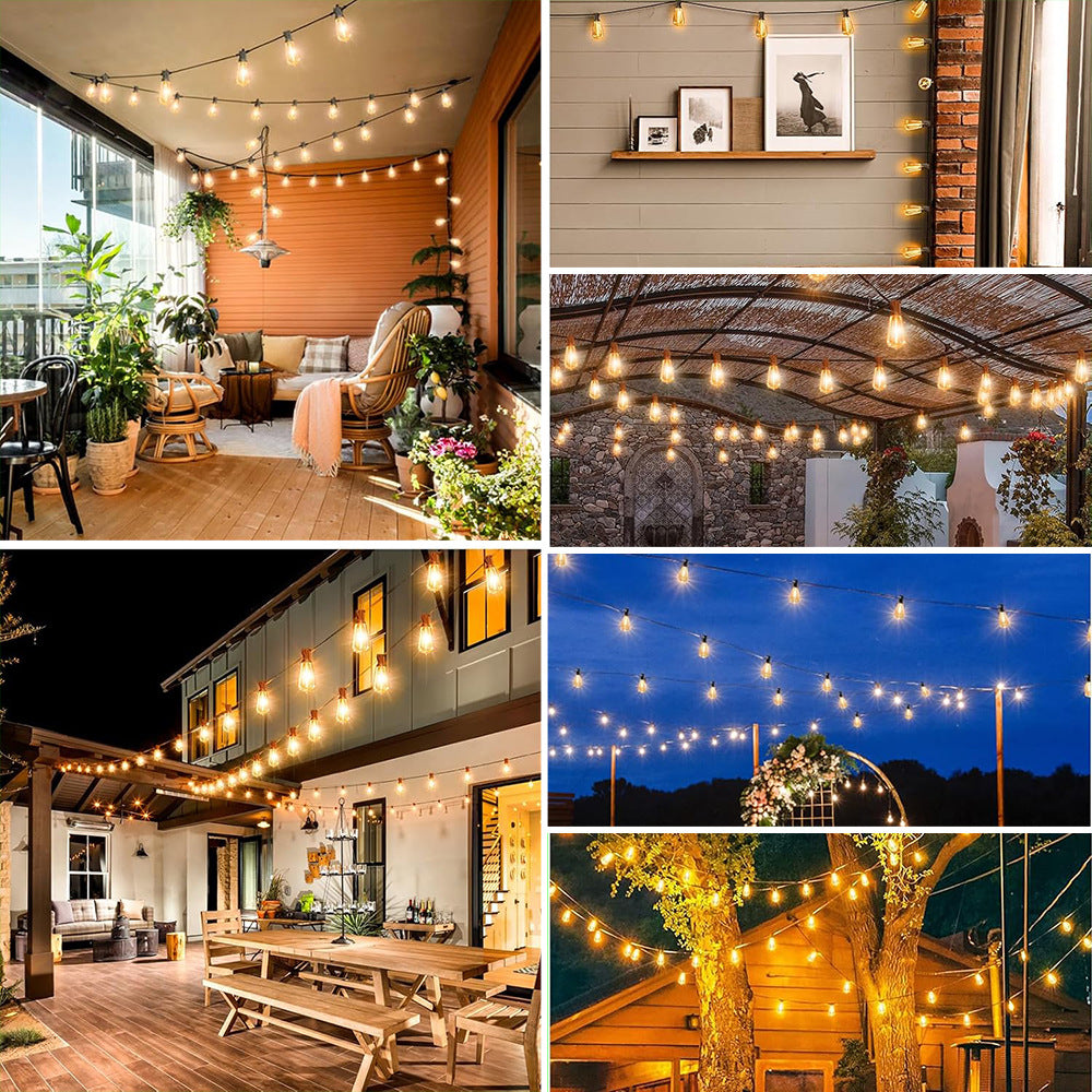 Solar Powered ST38 LED Hanging Patio Outdoor String Lights on Black Wire