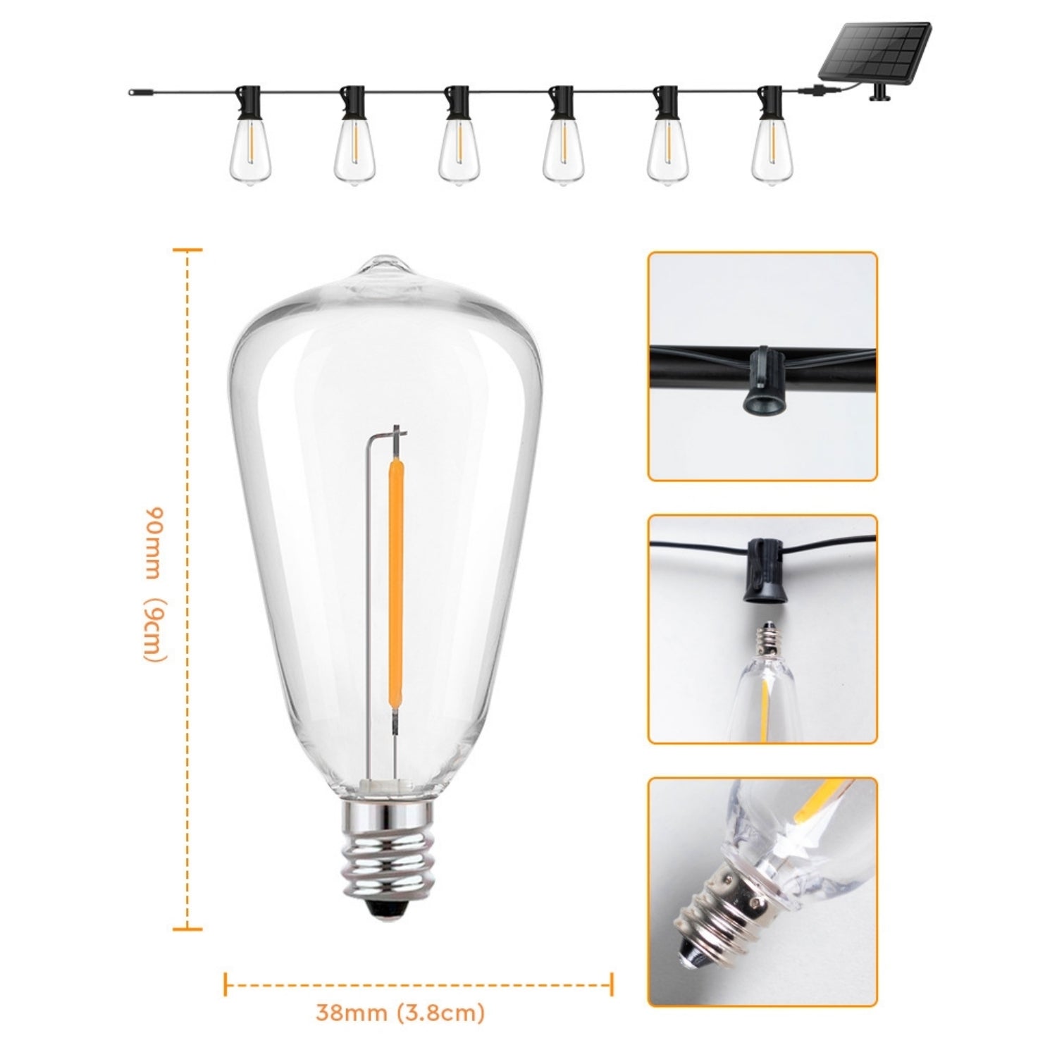 Solar Powered ST38 LED Hanging Patio Outdoor String Lights on Black Wire
