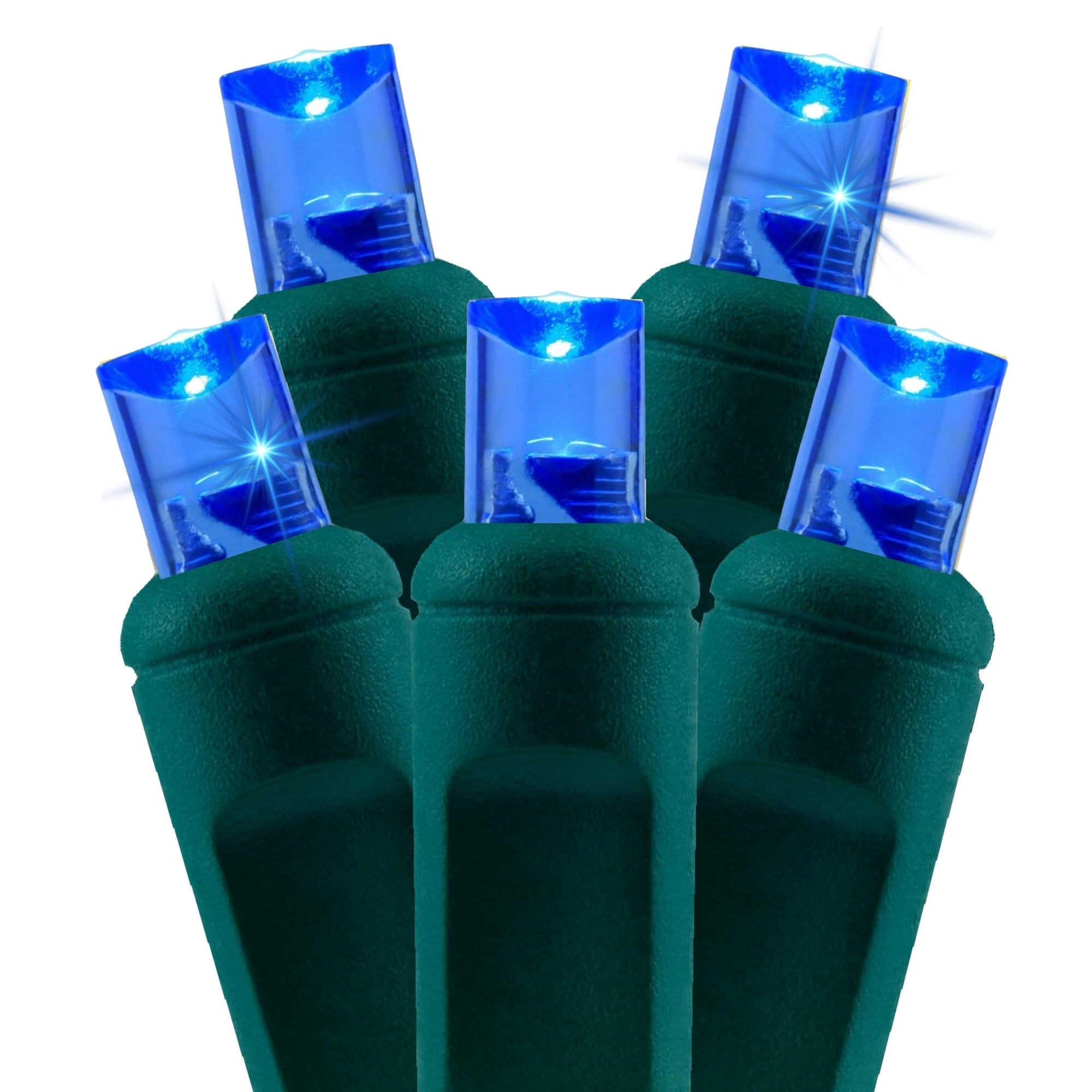 Commercial Grade Slow Twinkle Blue 5mm Wide Angle LED Christmas Lights on Green Wire