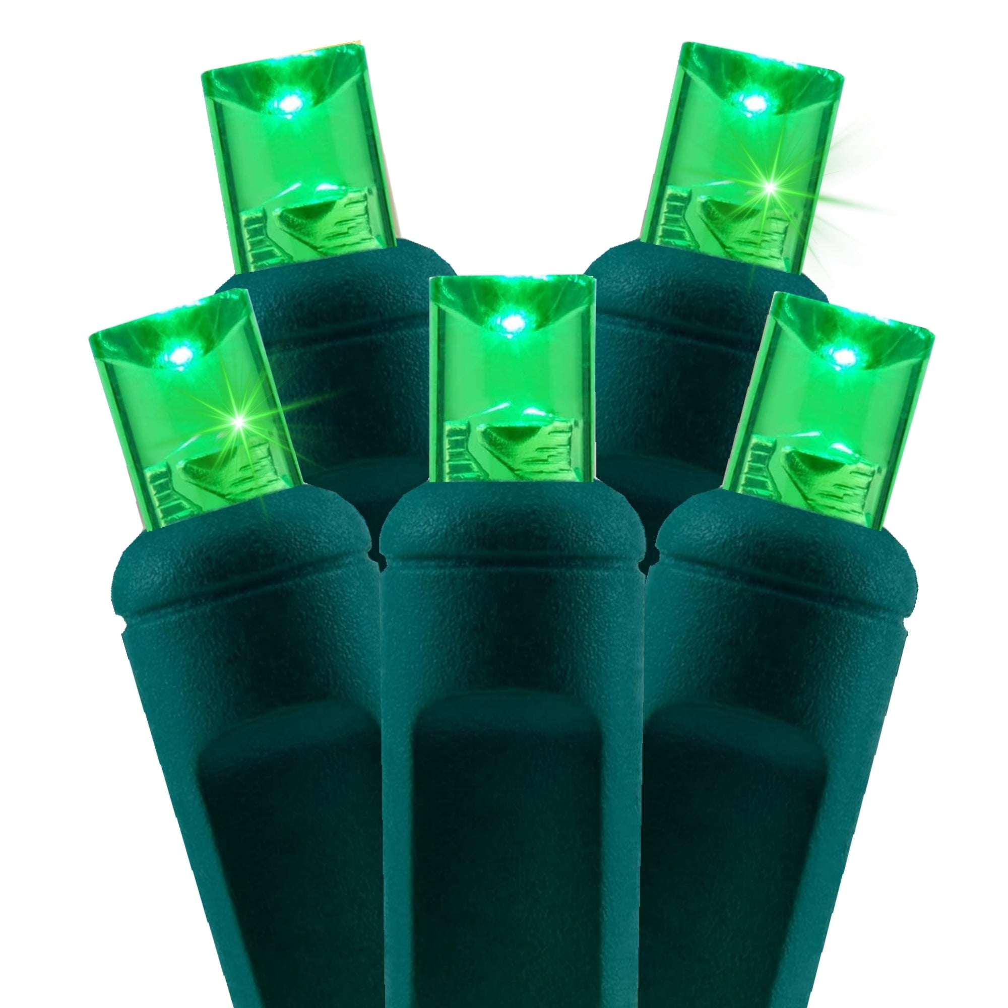 Commercial Grade Slow Twinkle Green 5mm Wide Angle LED Christmas Lights on Green Wire