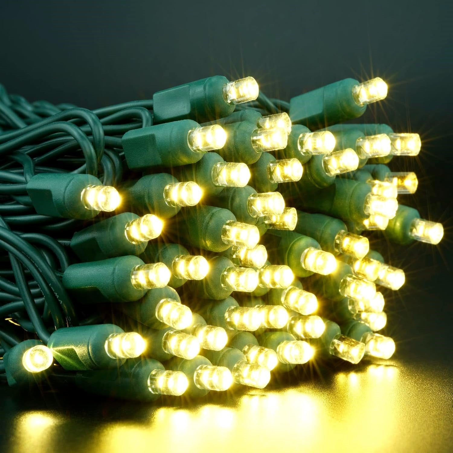 Commercial Grade Warm White 5mm Wide Angle LED Christmas Lights on Green Wire