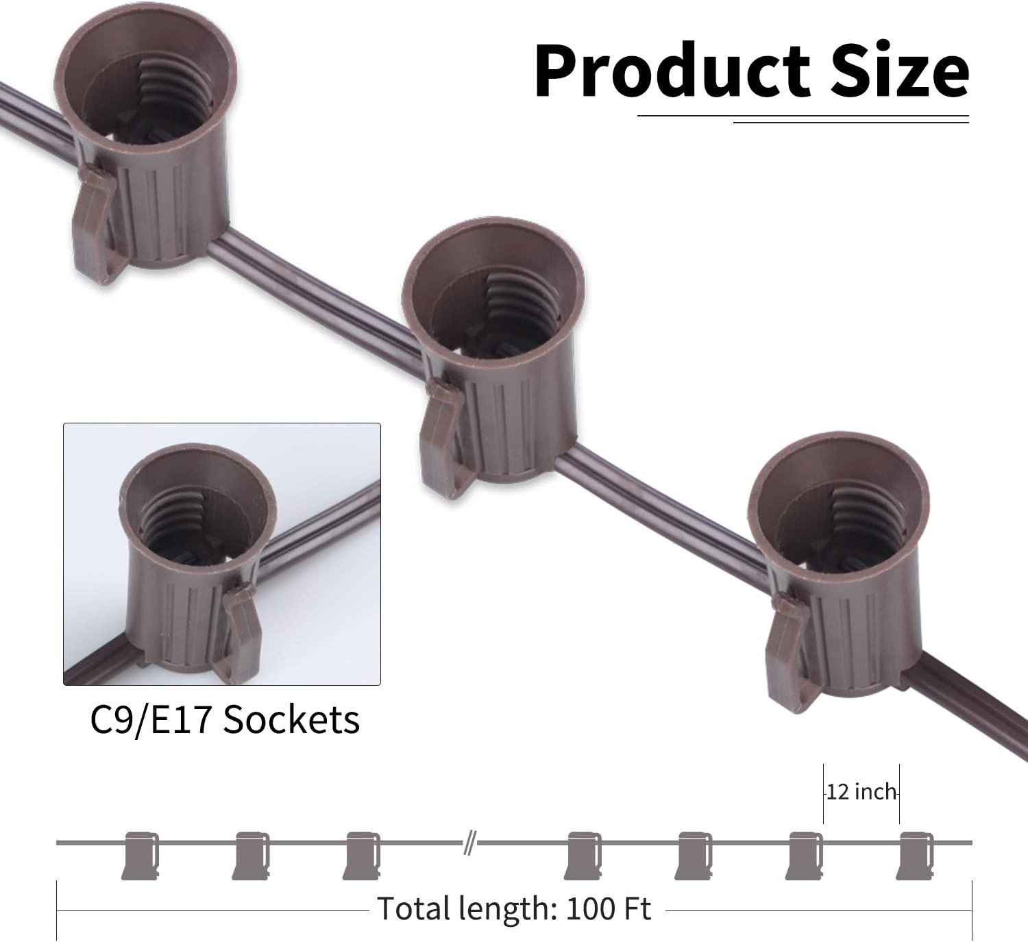 C9 Commercial Light Stringer 18AWG SPT-1 Brown Wire 25' 12'' Spacing, E17 Base