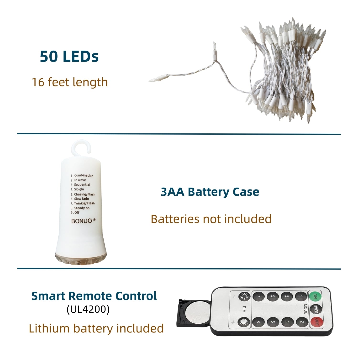 50 LED Battery Operated Mini Christmas Lights Indoor with Remote Timer in White