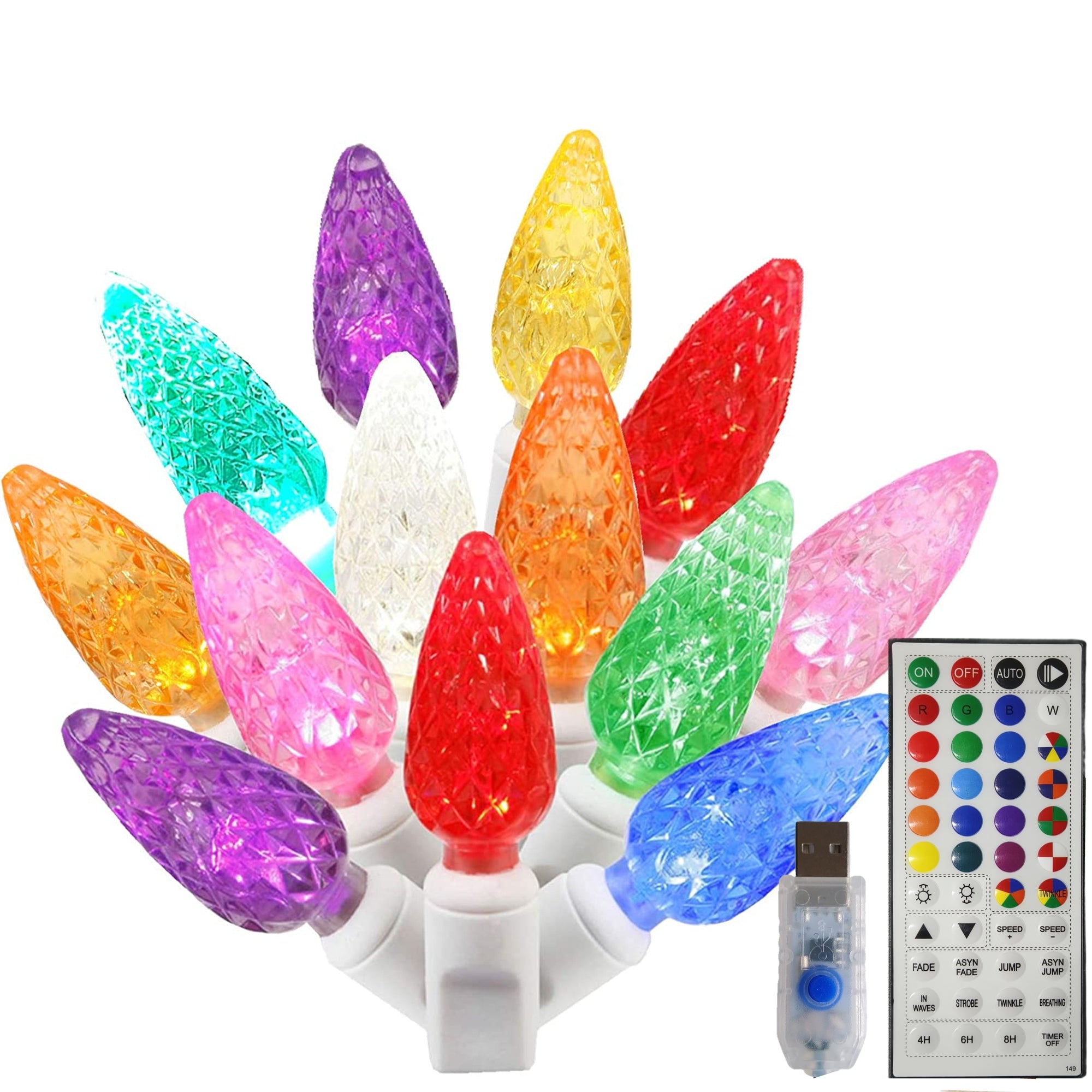 50 LED RGB Color Changing C6 Christmas Lights USB Plug-in on White Wire