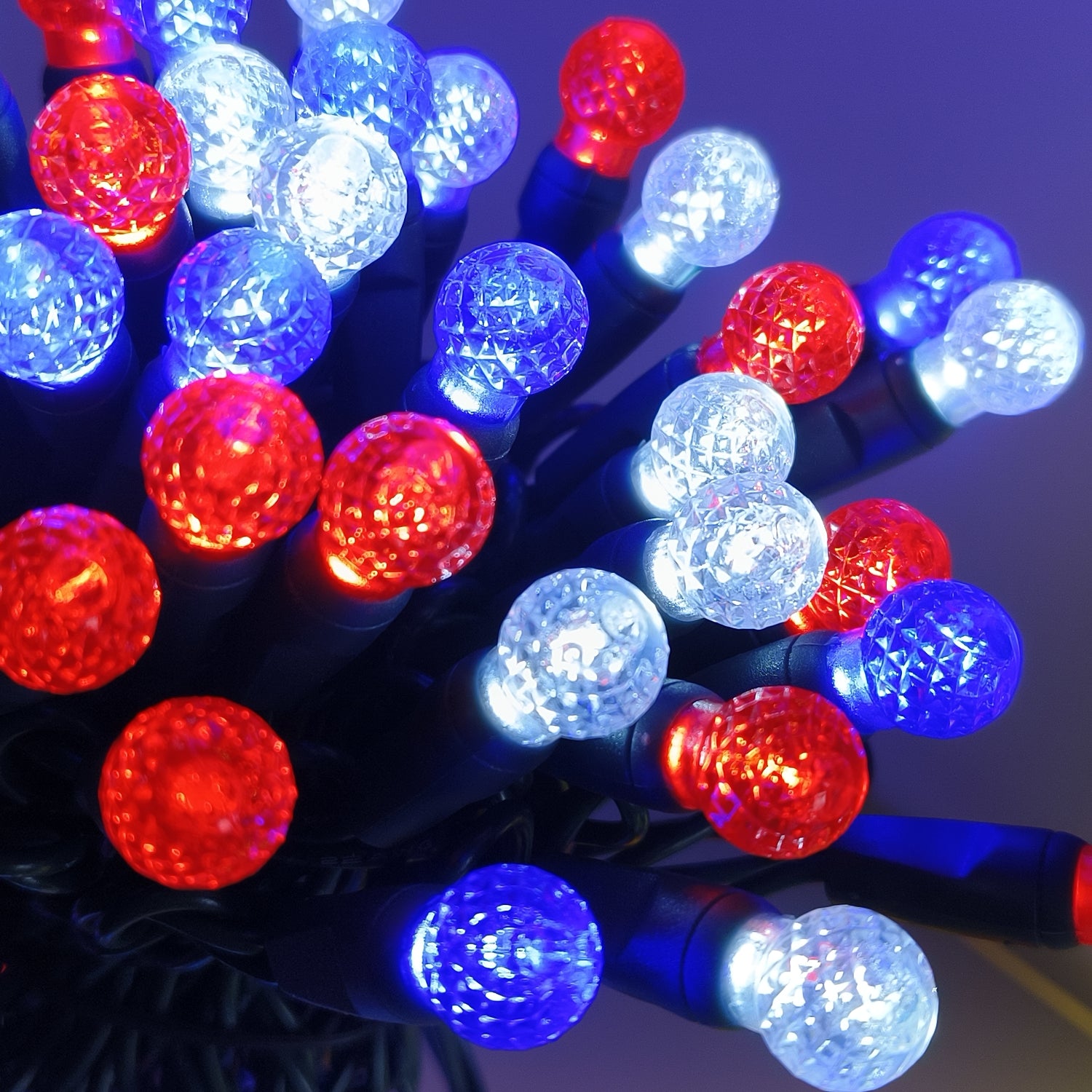 Commercial Grade Red White Blue G12 LED Christmas Lights on Green Wire
