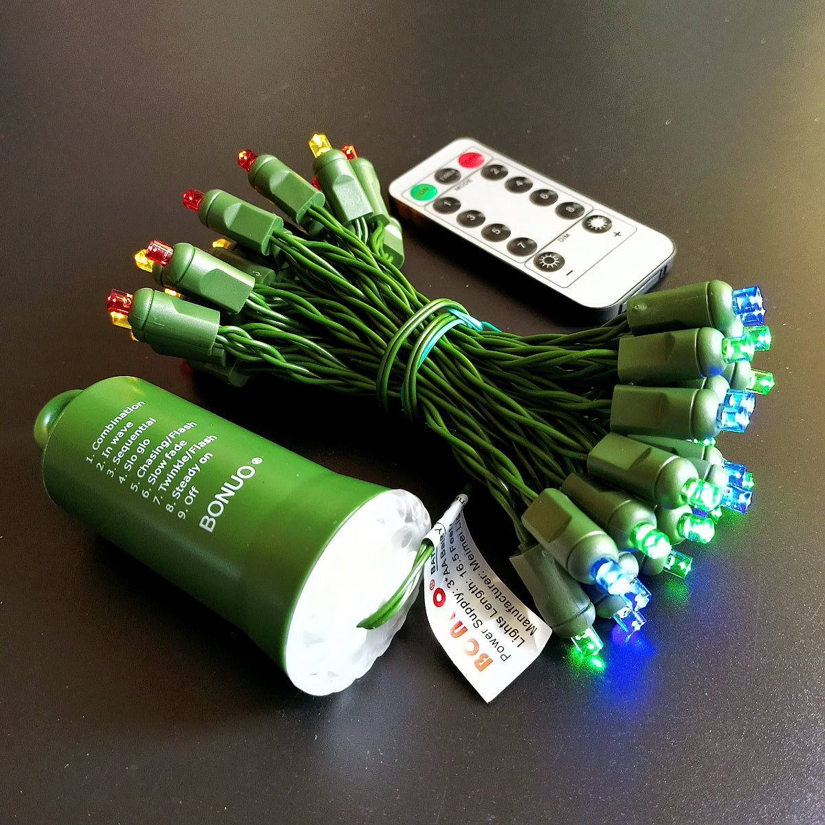 50 Count Multicolor LED Christmas Lights Battery Operated on Green Wire