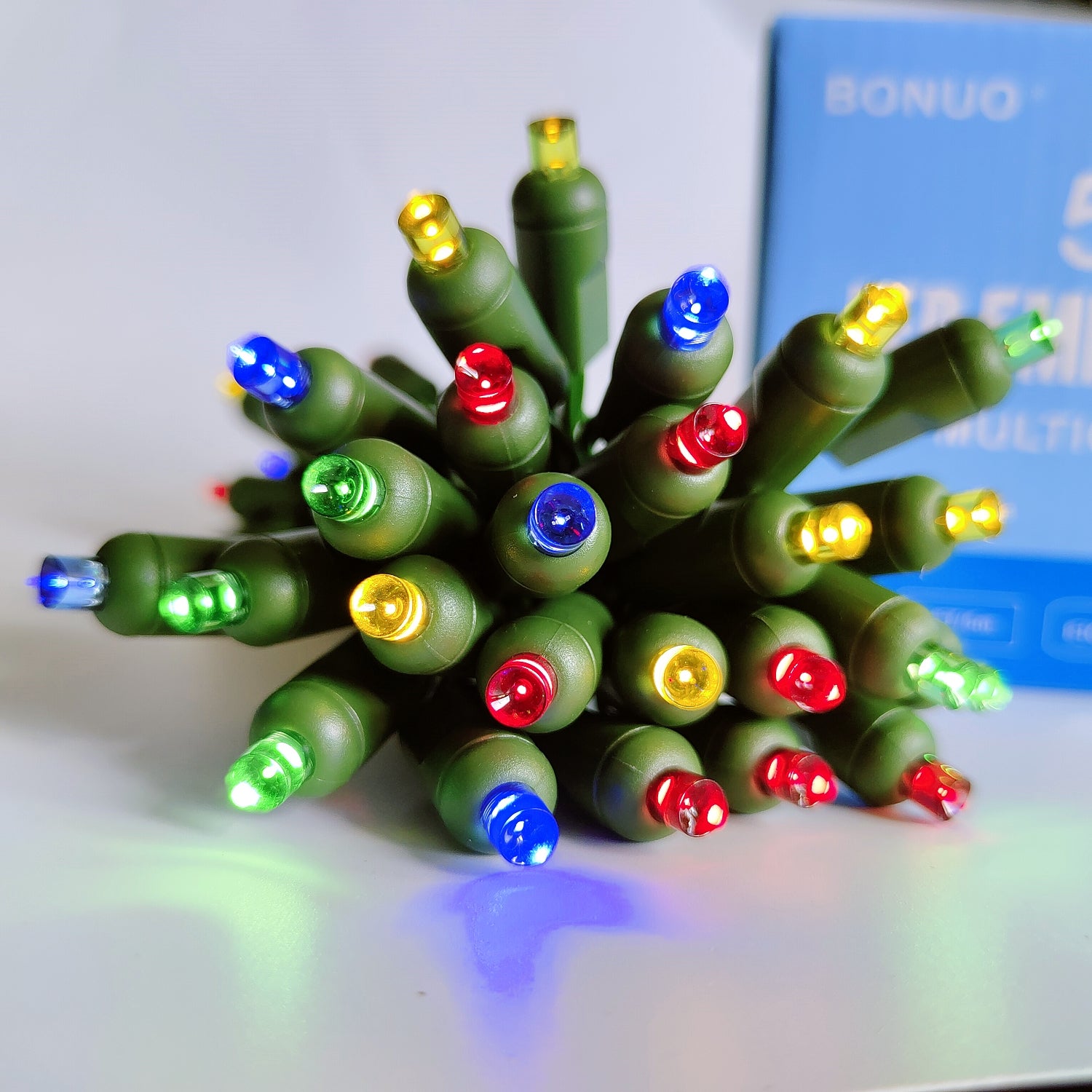 50 Count Multicolor LED Christmas Lights Battery Operated on Green Wire