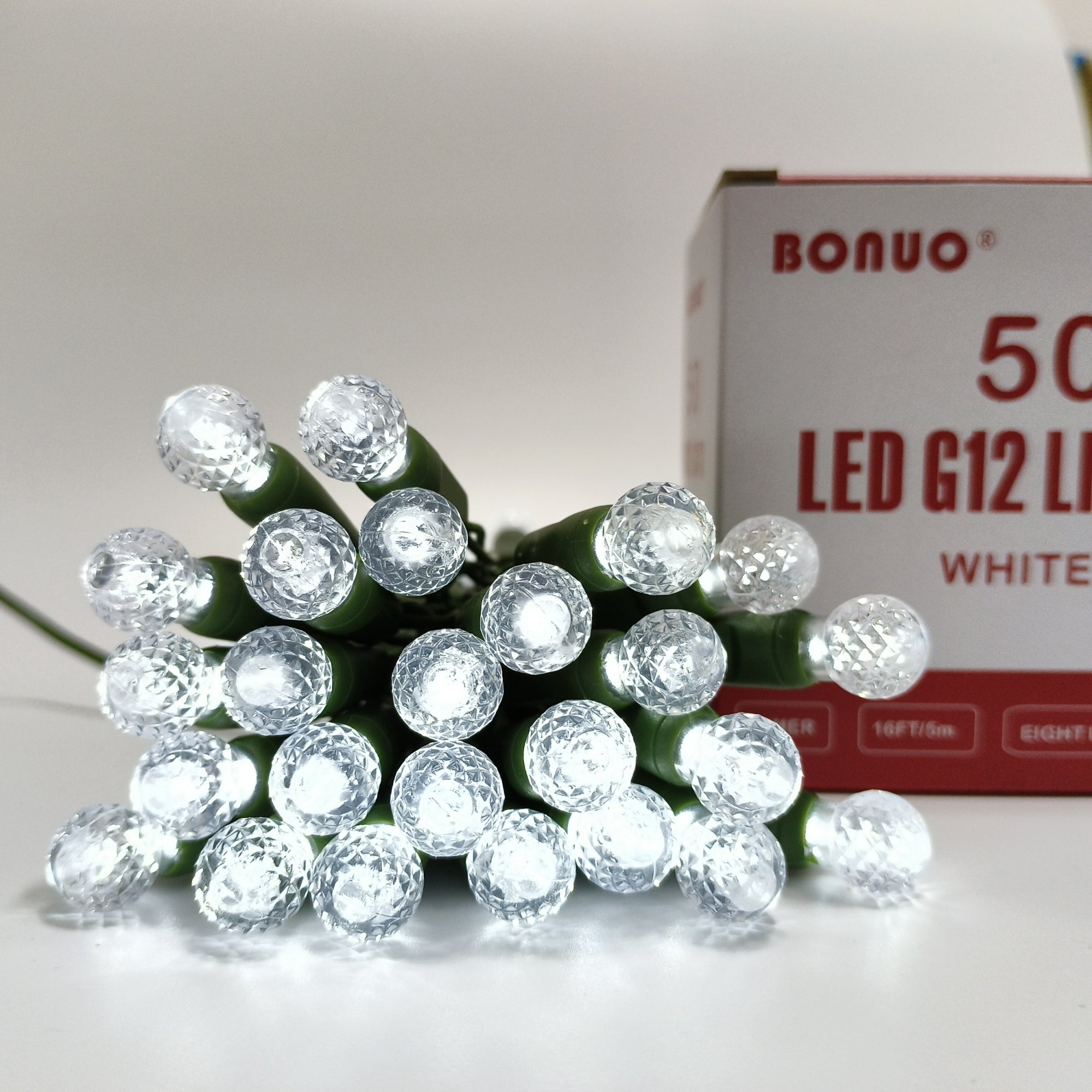 50 Count White G12 Christmas Lights Battery Operated on Green Wire