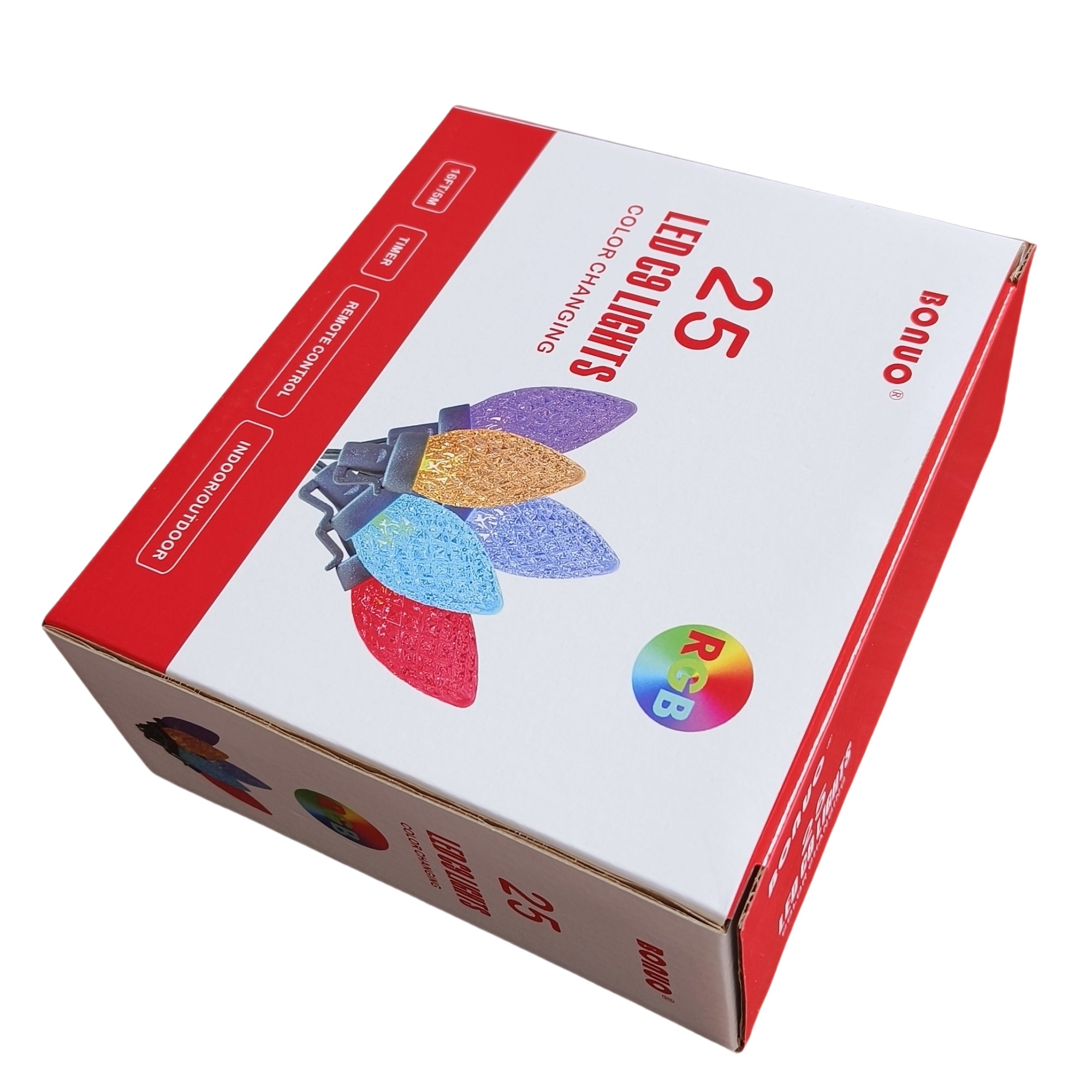 25 LED RGB Color Changing C9 Christmas Lights with Remote Timer on Green Wire