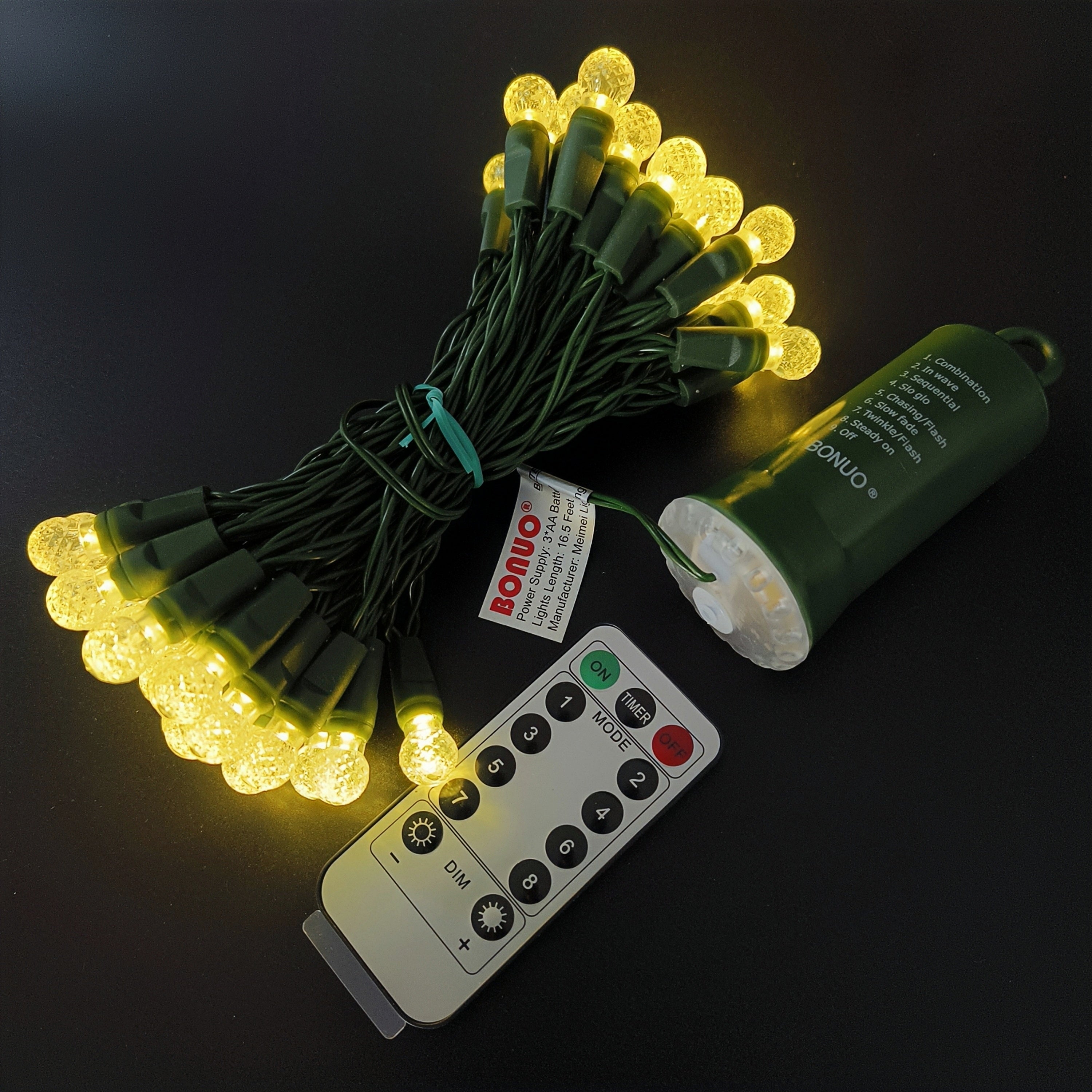 50 Count Warm White G12 Christmas Lights Battery Operated on Green Wire