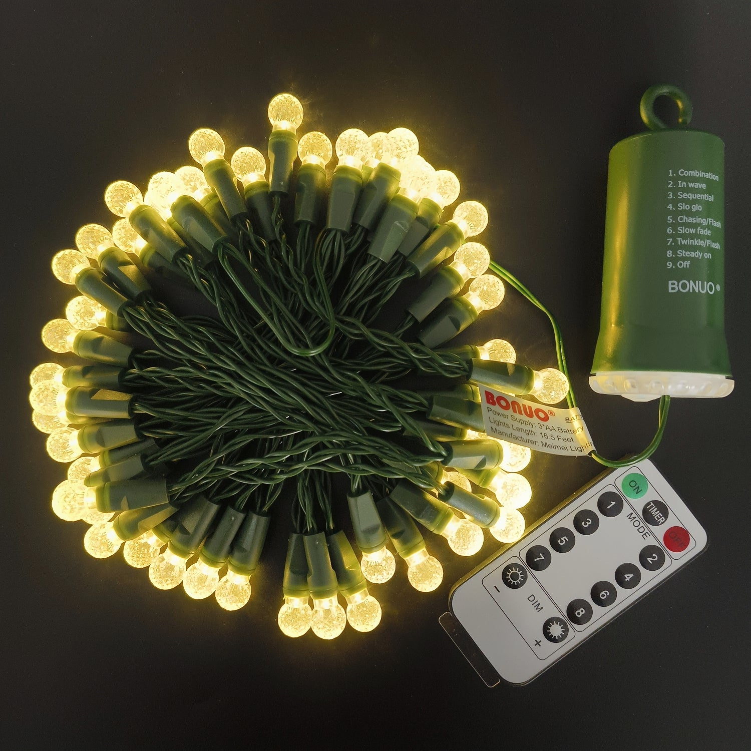 50 Count Warm White G12 Christmas Lights Battery Operated on Green Wire