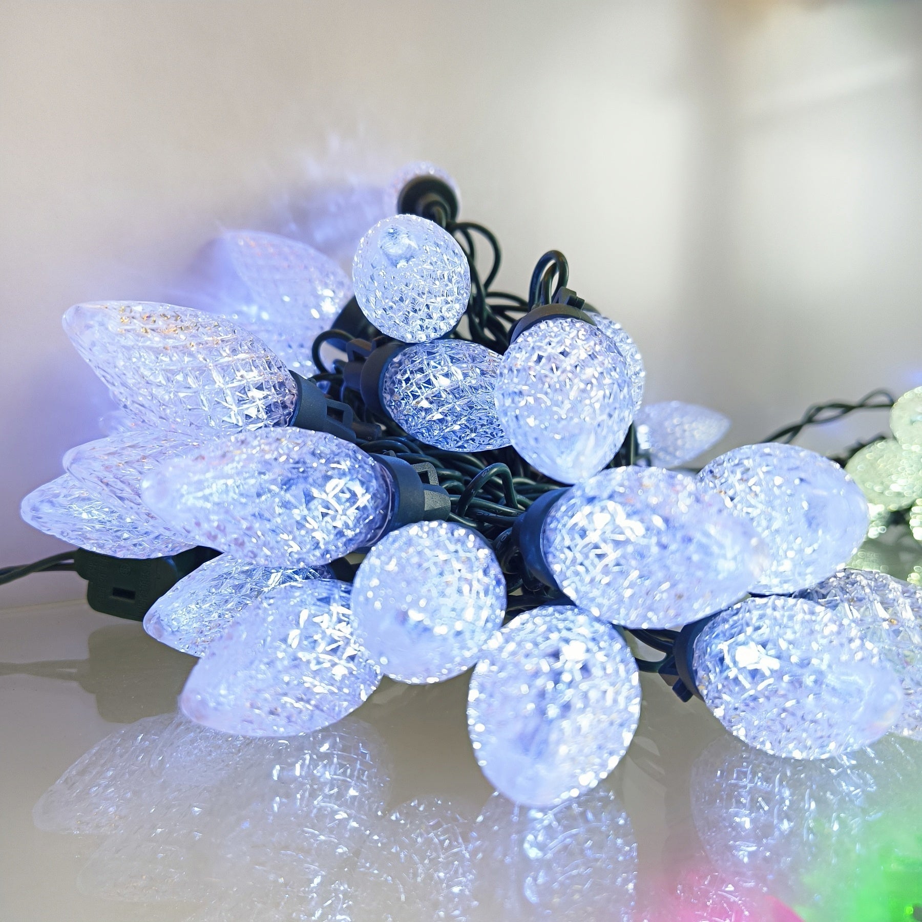 Commercial Grade Cool White C9 LED Christmas Lights on Green Wire