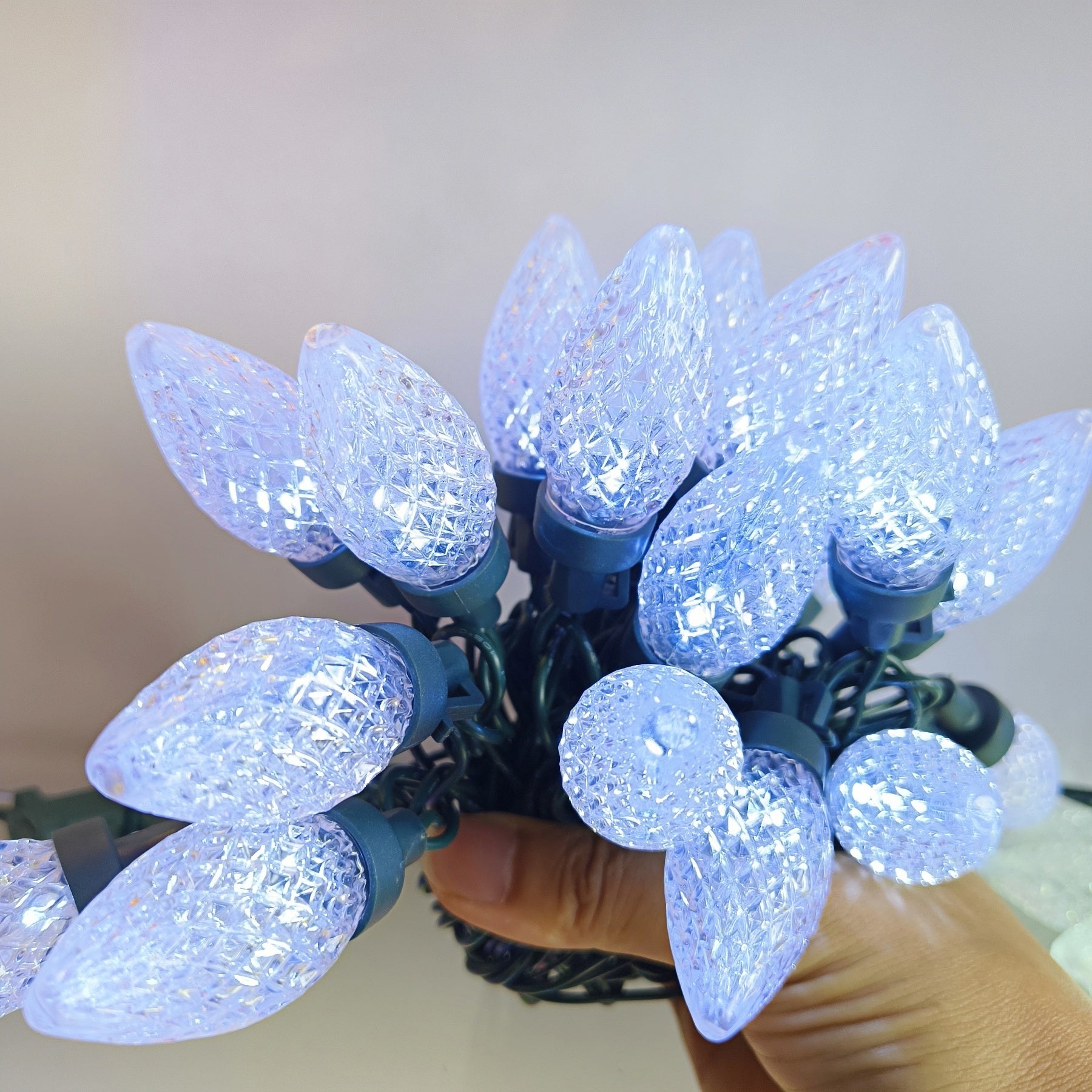 Commercial Grade Cool White C9 LED Christmas Lights on Green Wire