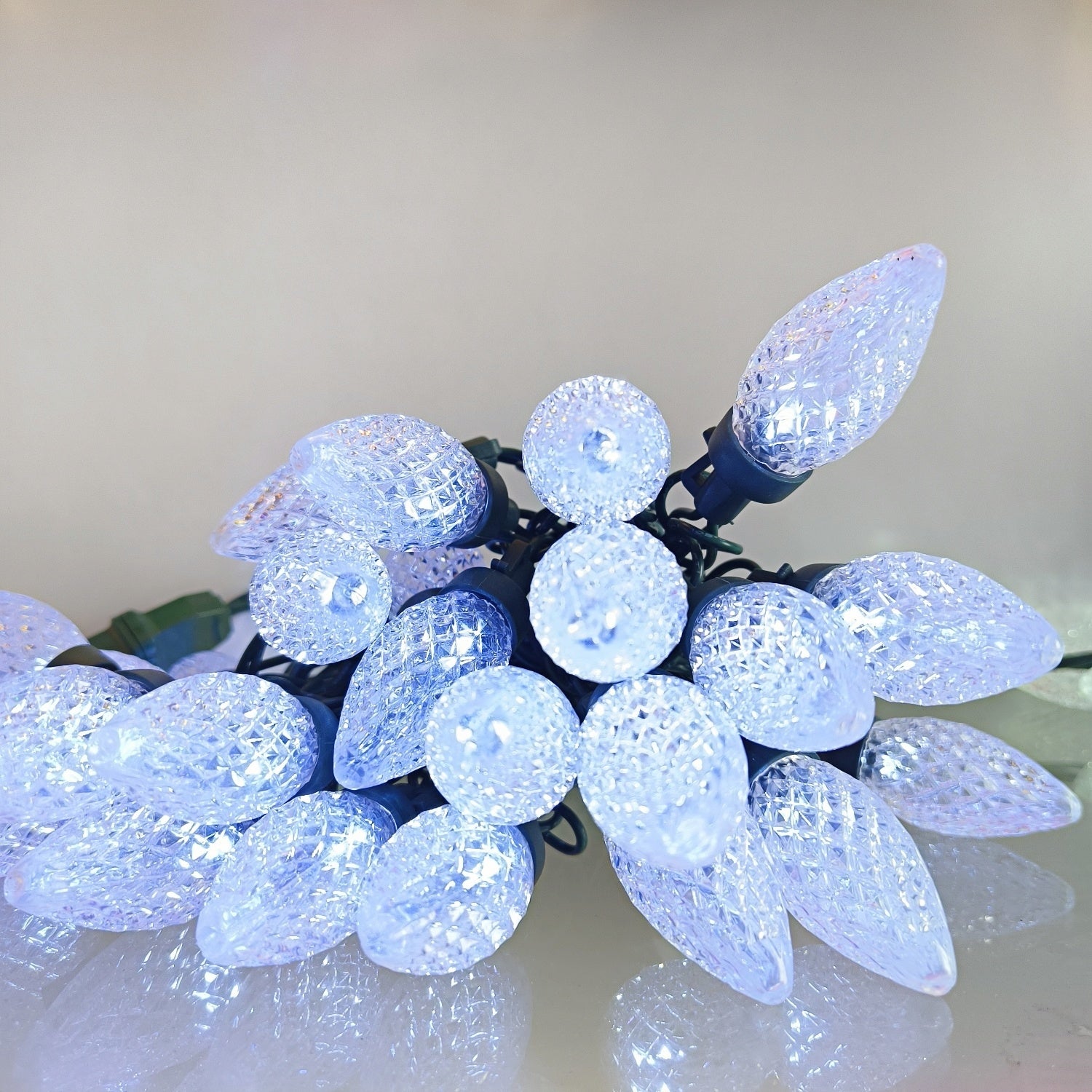 Commercial Grade Cool White C9 LED Christmas Lights on Green Wire