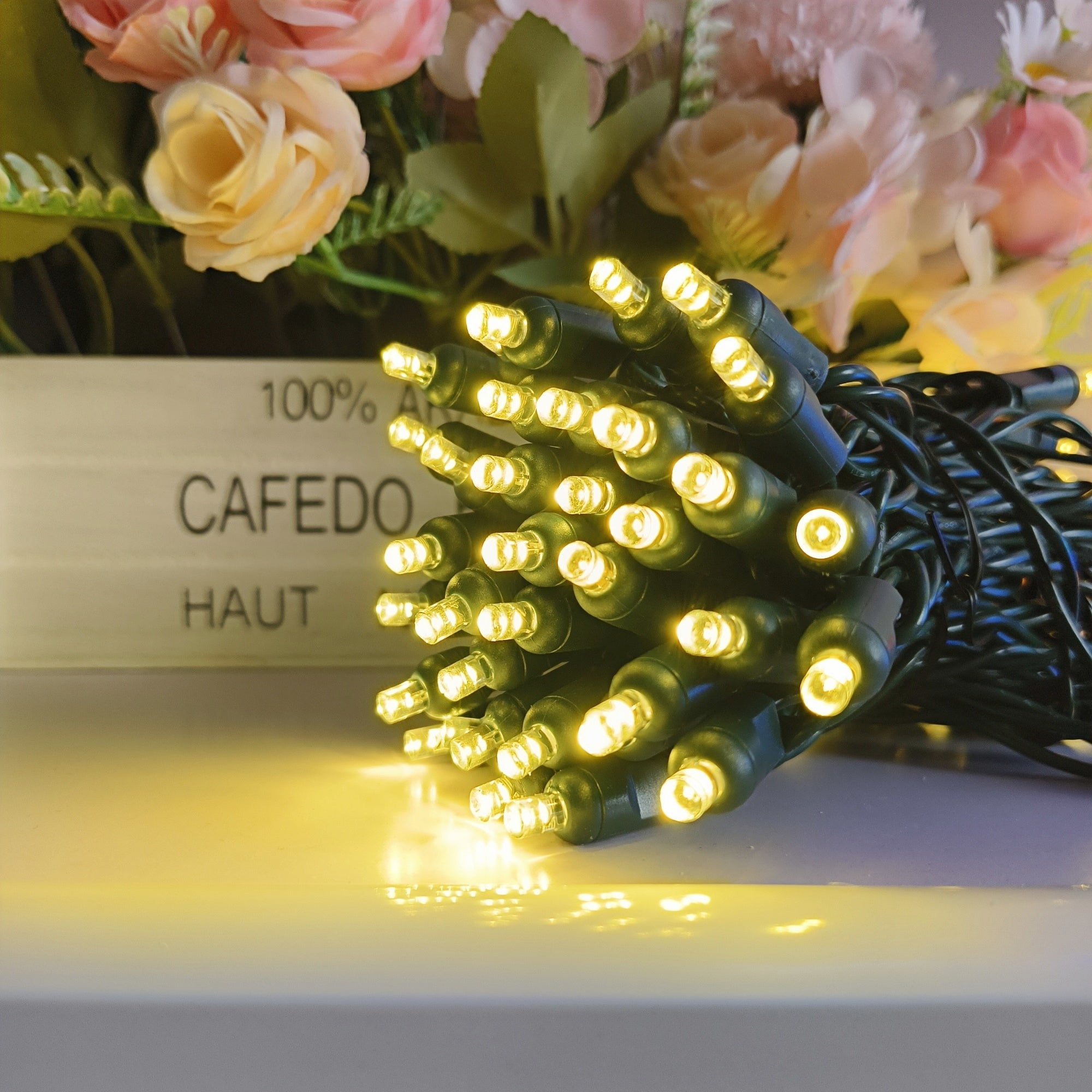 Commercial Grade Warm White 5mm Wide Angle LED Christmas Lights on Green Wire