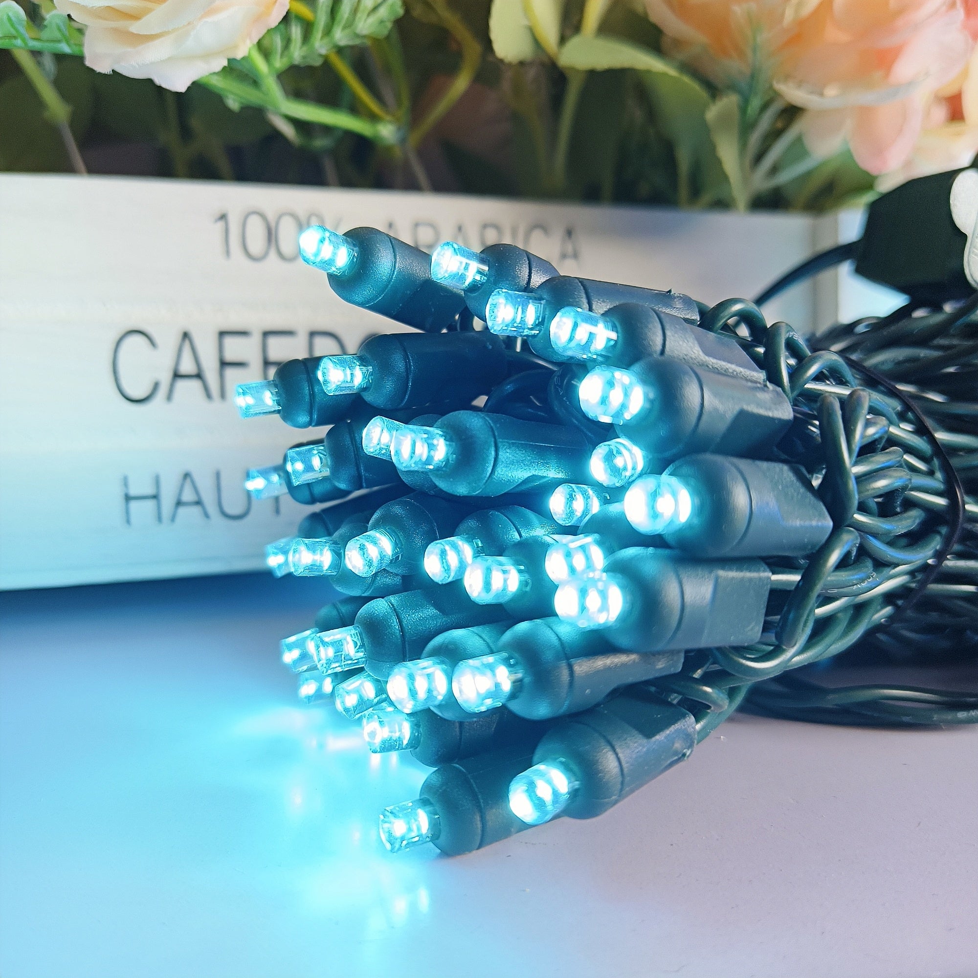 Commercial Grade Teal 5mm Wide Angle LED Christmas Lights on Green Wire