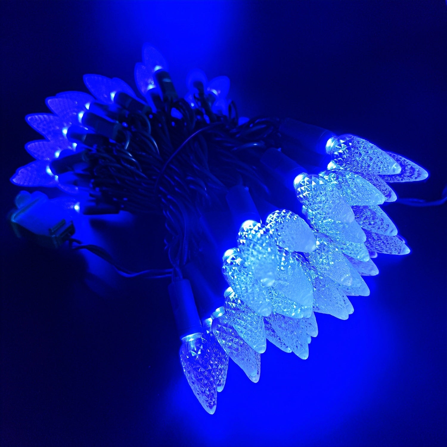 Commercial Grade Blue C6 LED Christmas Lights on Green Wire
