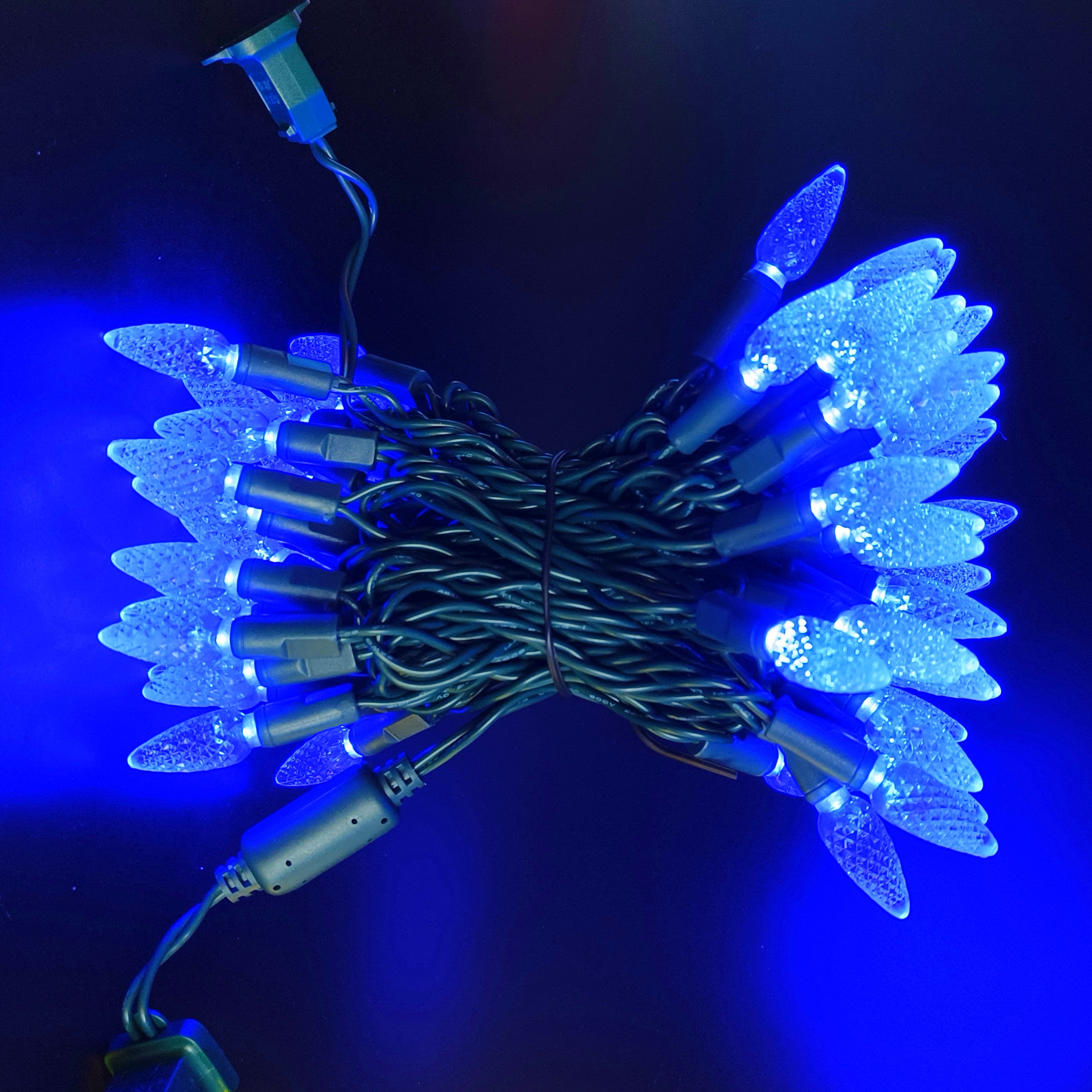 Commercial Grade Blue C6 LED Christmas Lights on Green Wire