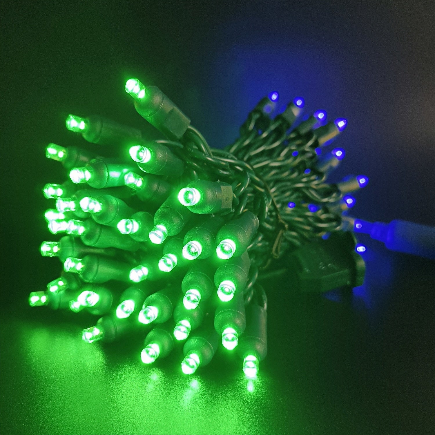 Commercial Grade Blue Green 5mm Wide Angle LED Christmas Lights on Green Wire