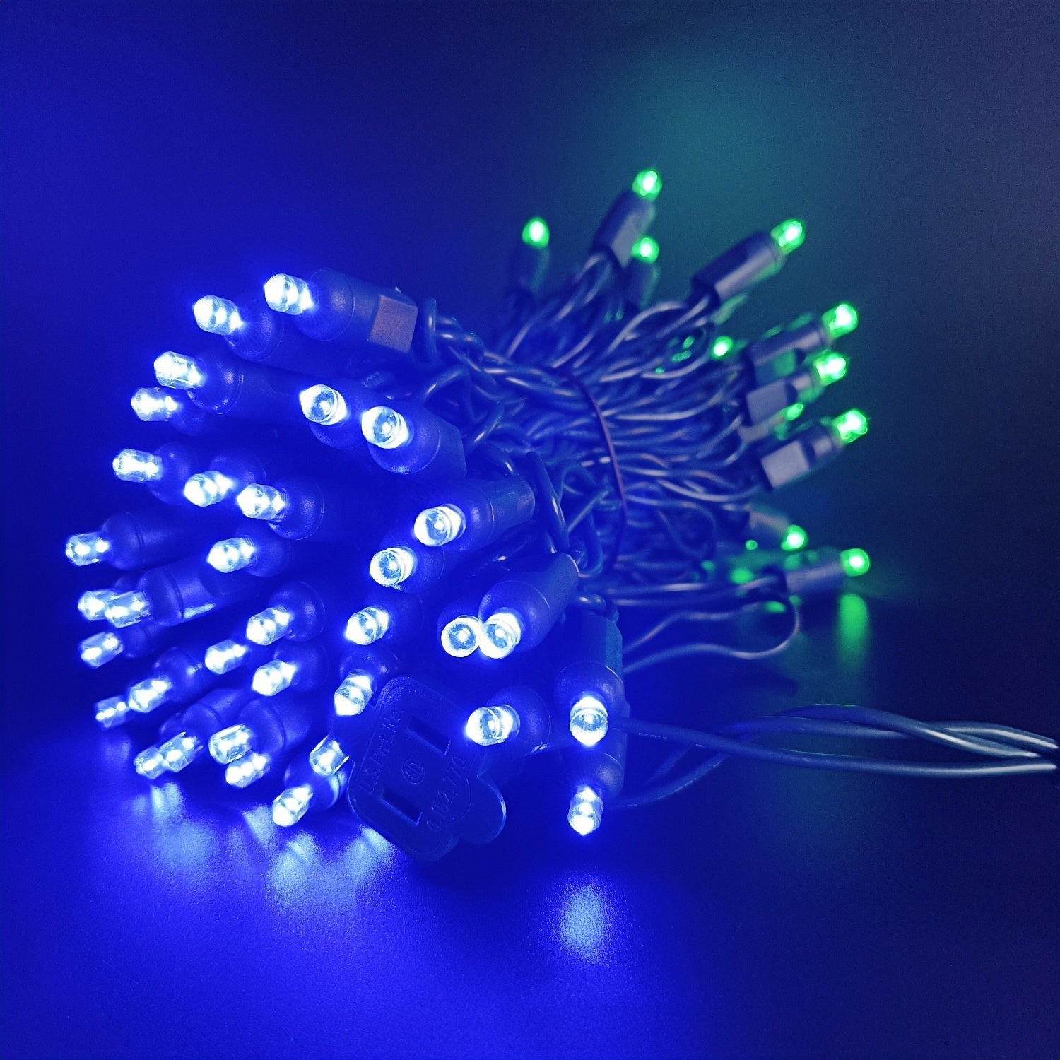 Commercial Grade Blue Green 5mm Wide Angle LED Christmas Lights on Green Wire