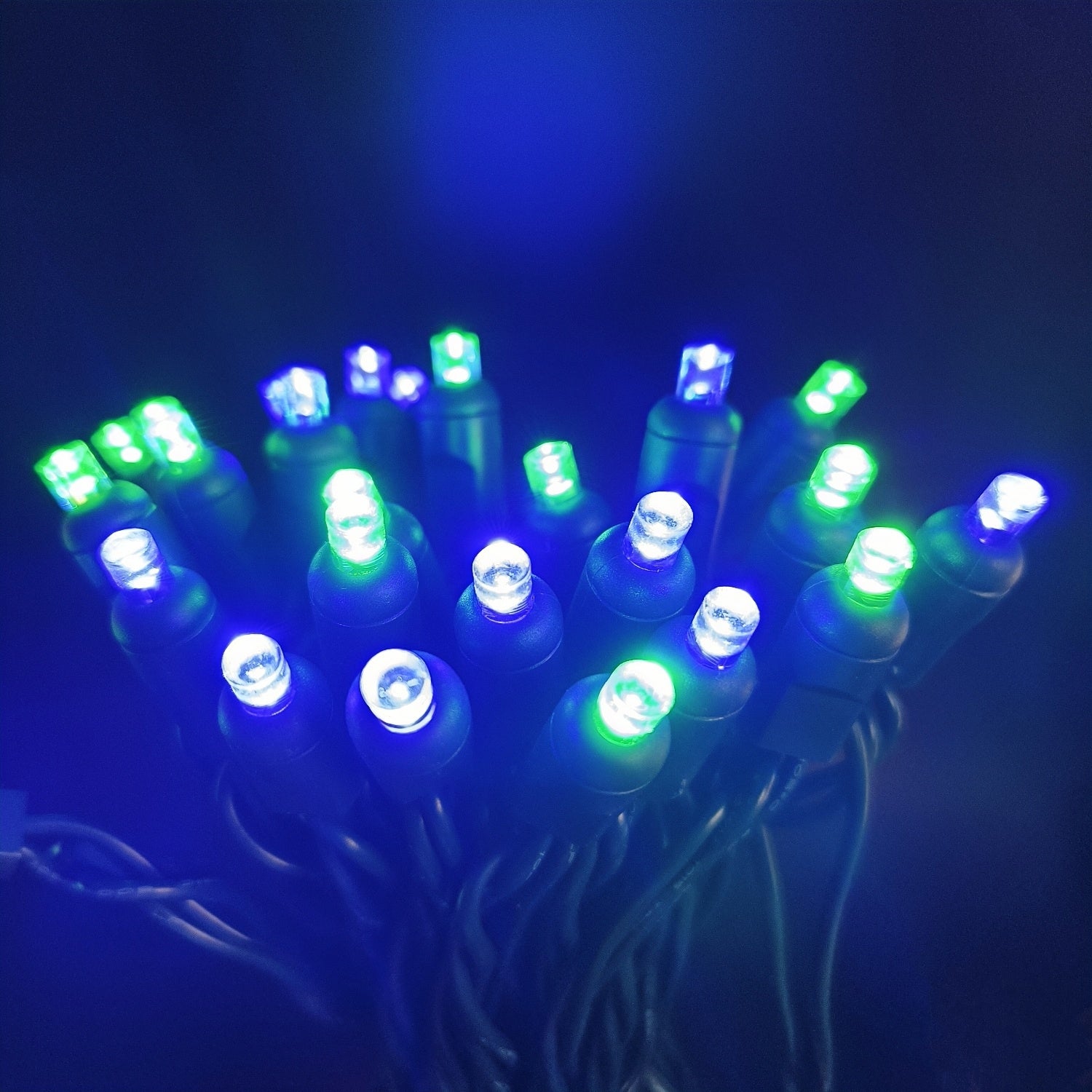 Commercial Grade Blue Green 5mm Wide Angle LED Christmas Lights on Green Wire
