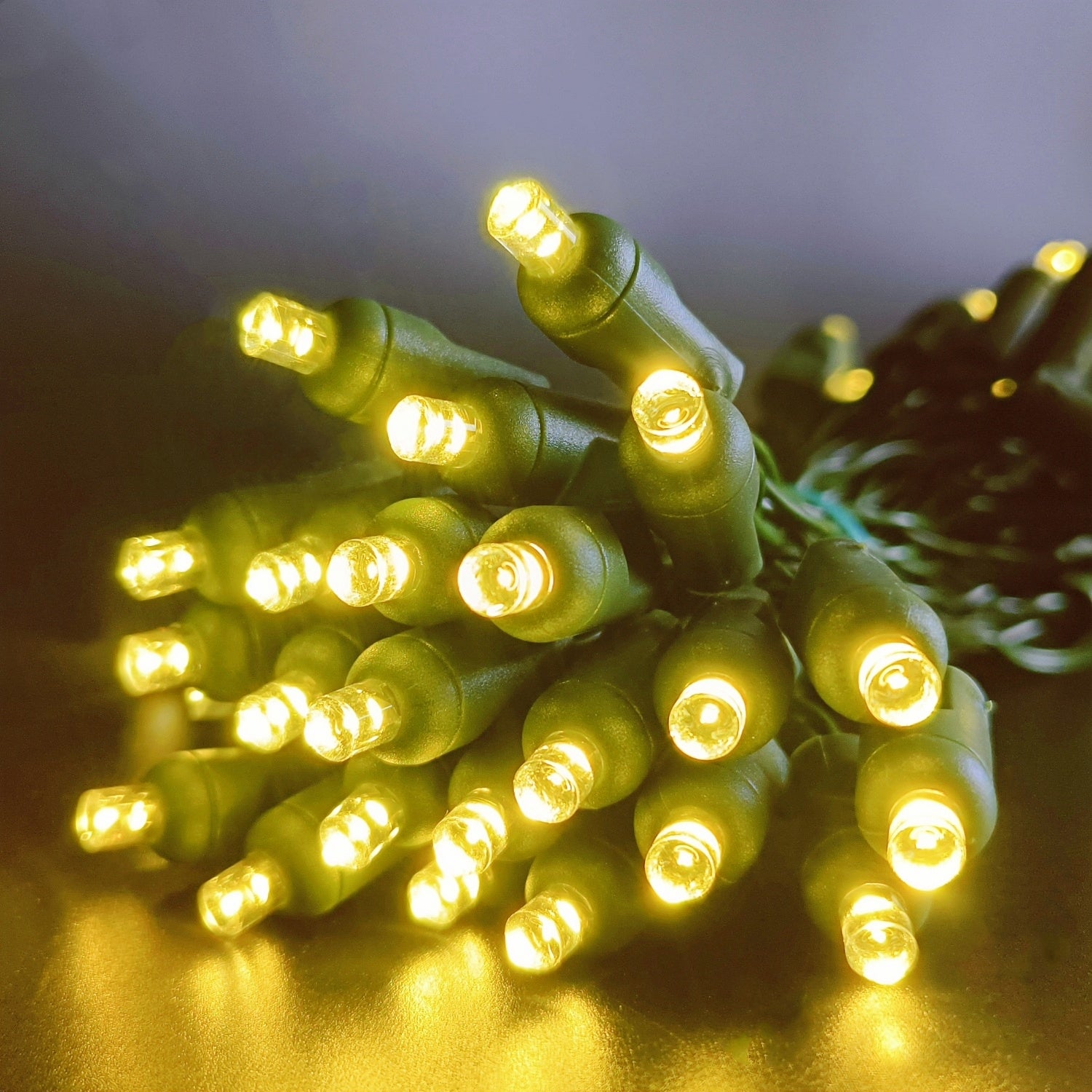 50 Count Warm White LED Christmas Lights Battery Operated on Green Wire