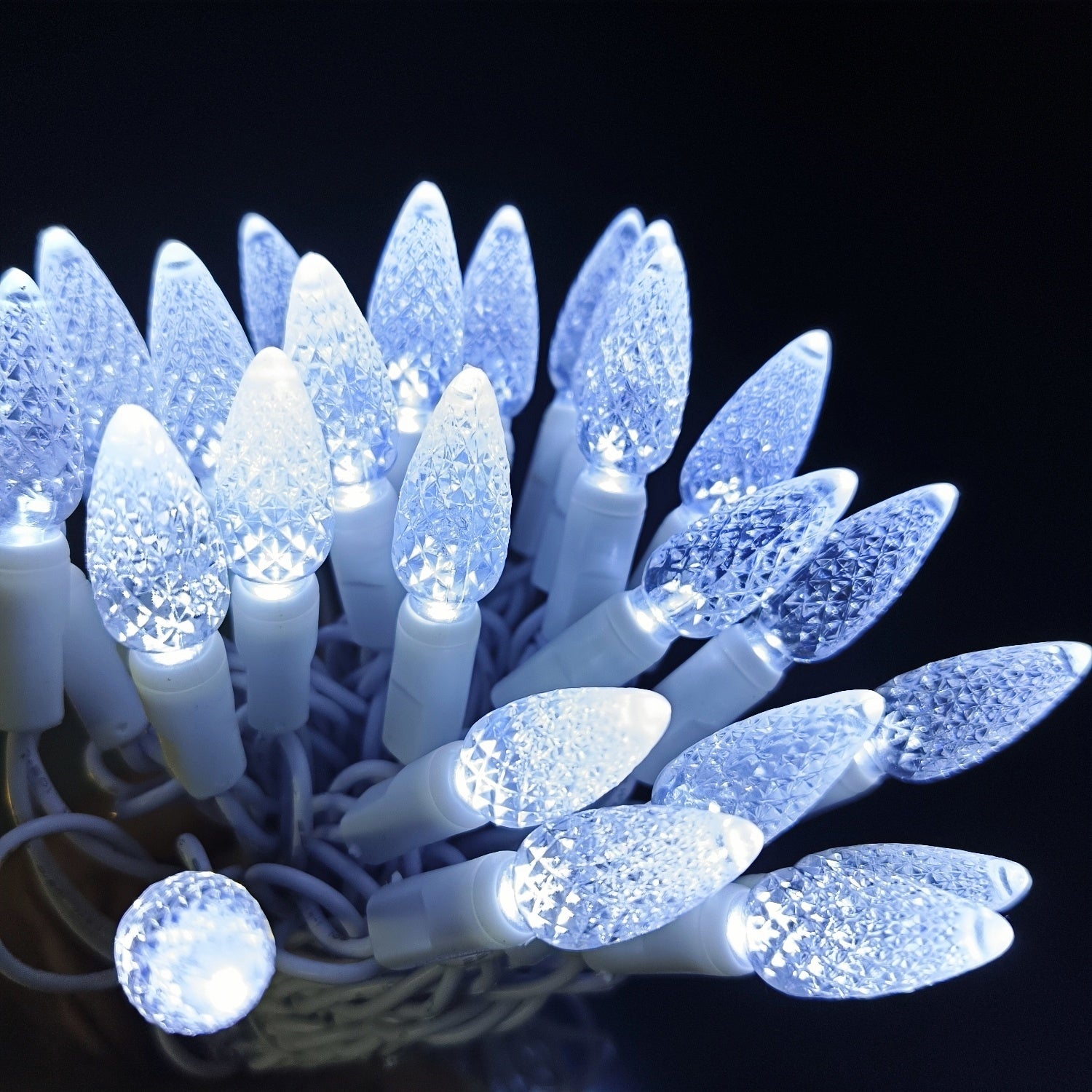 Commercial Grade Cool White C6 LED Christmas Lights on White Wire