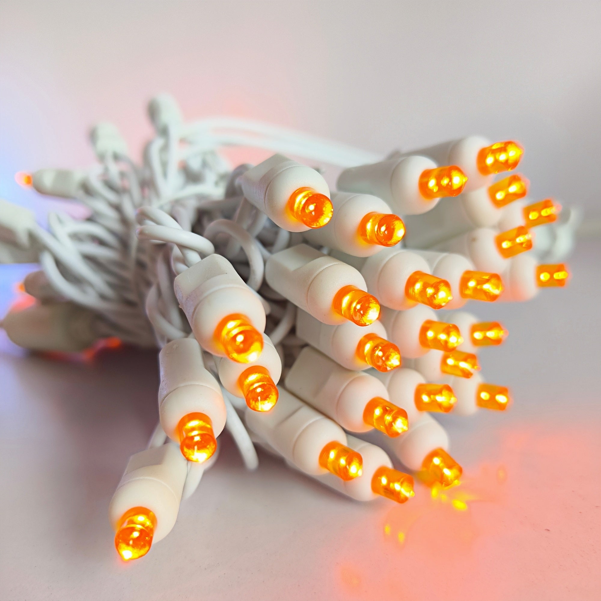 Commercial Grade Amber 5mm Wide Angle LED Christmas Lights on White Wire