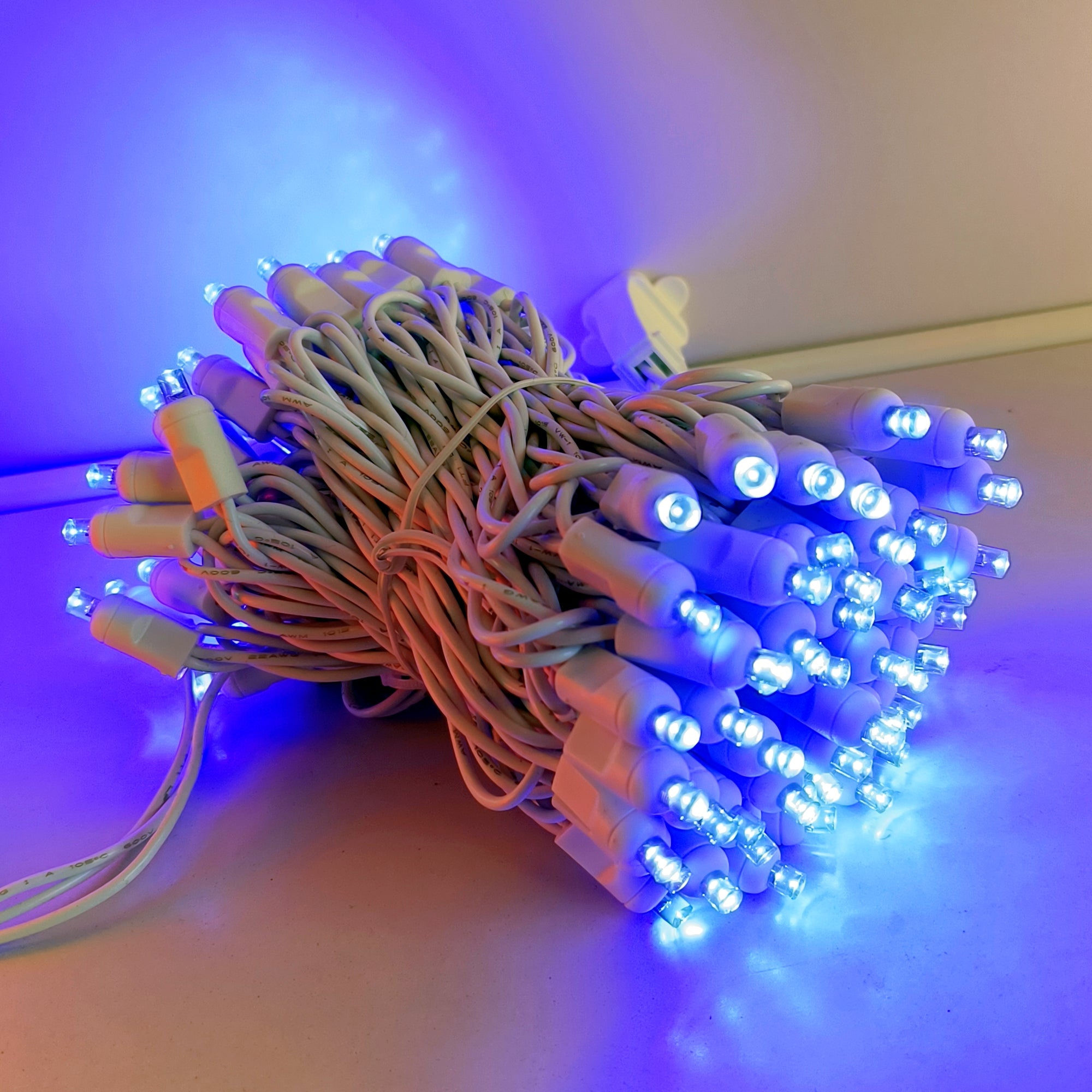 Commercial Grade Blue 5mm Wide Angle LED Christmas Lights on White Wire