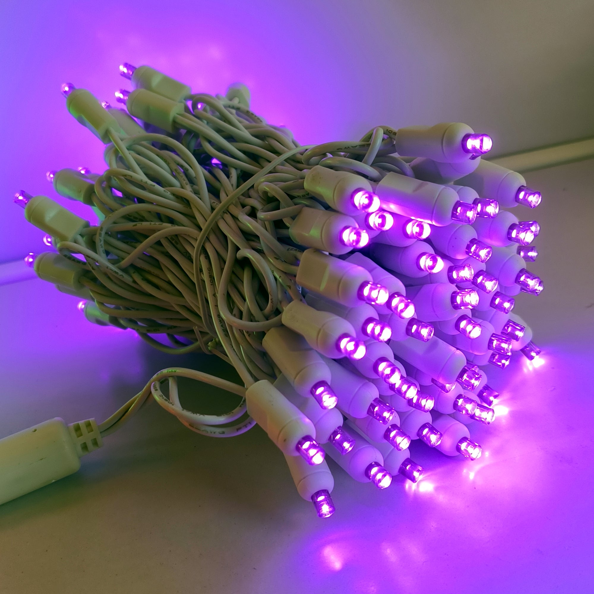 Commercial Grade Purple 5mm Wide Angle LED Christmas Lights on White Wire