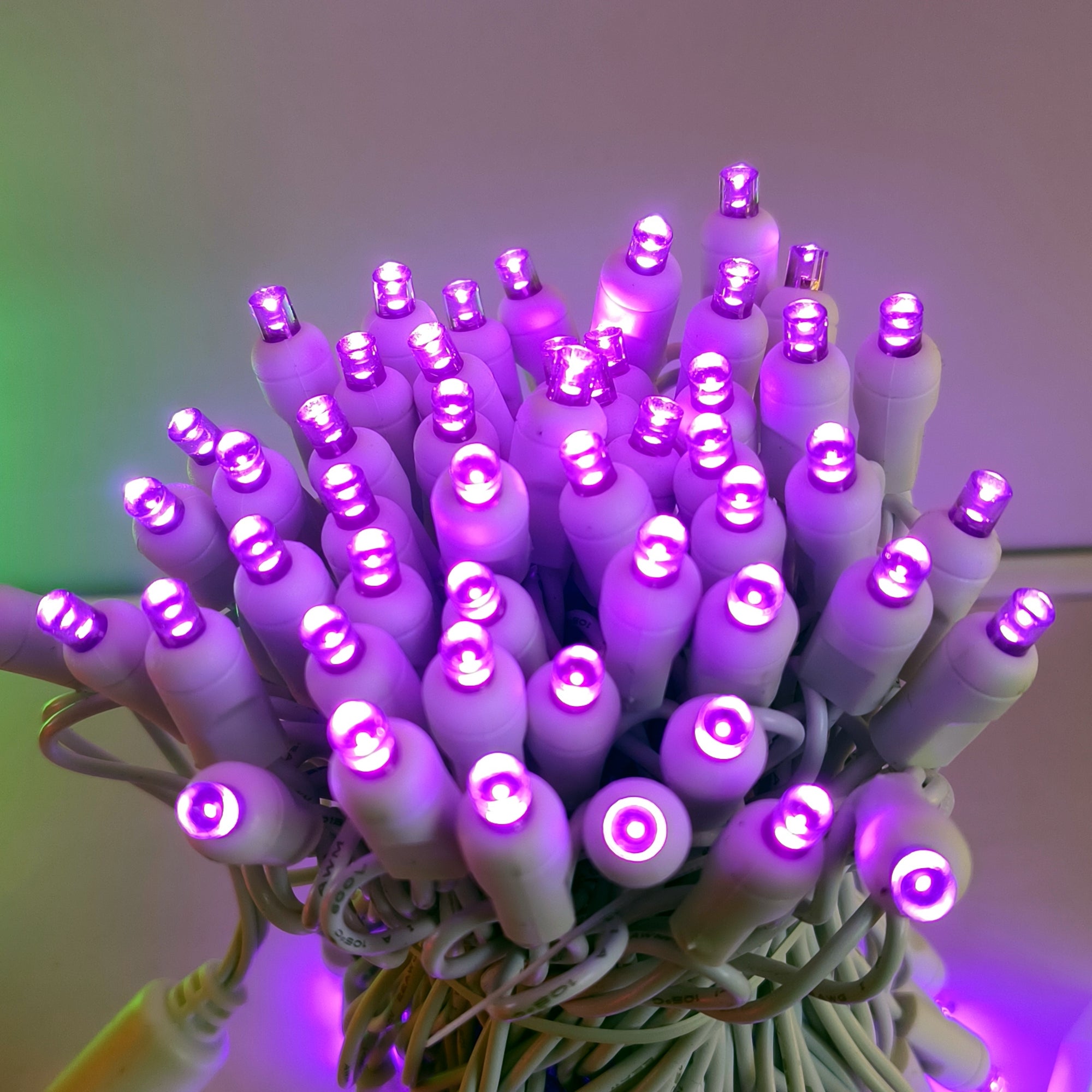 Commercial Grade Purple 5mm Wide Angle LED Christmas Lights on White Wire