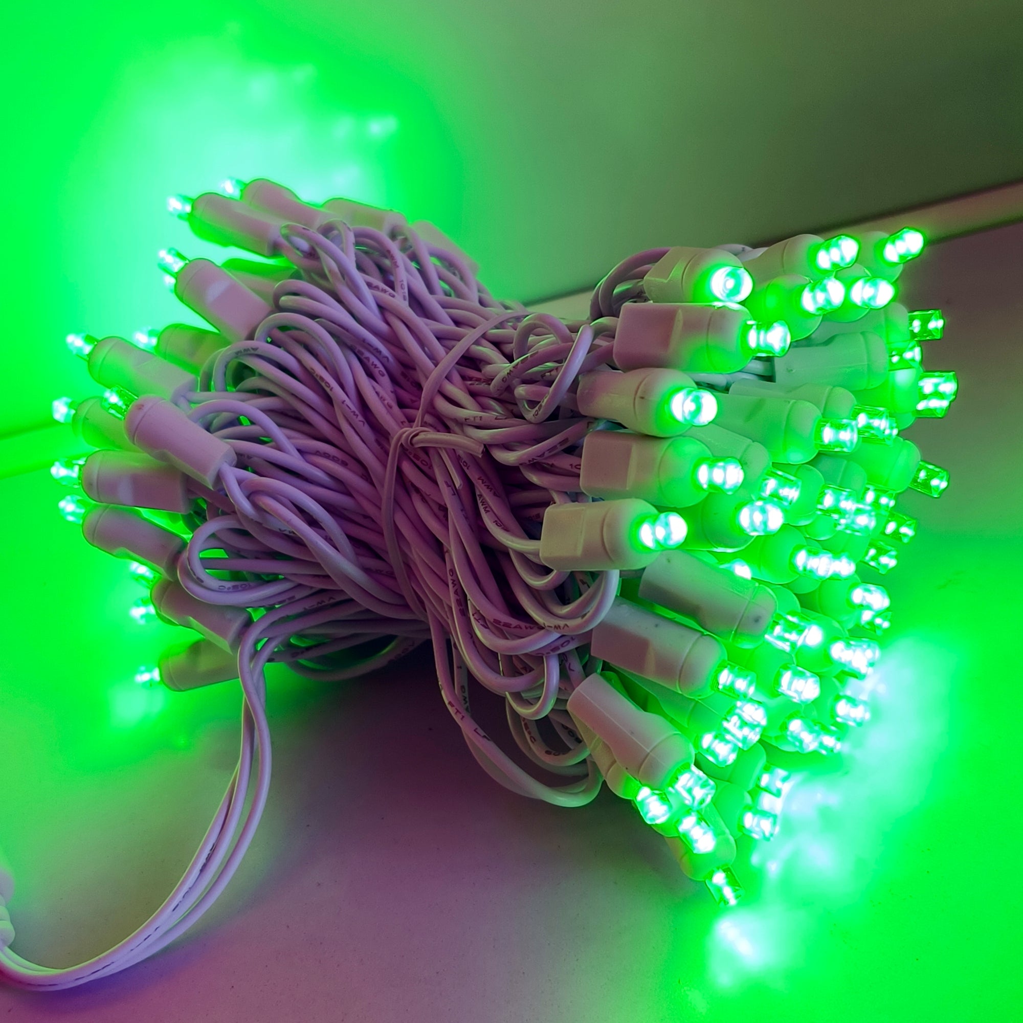 Commercial Grade Green 5mm Wide Angle LED Christmas Lights on White Wire