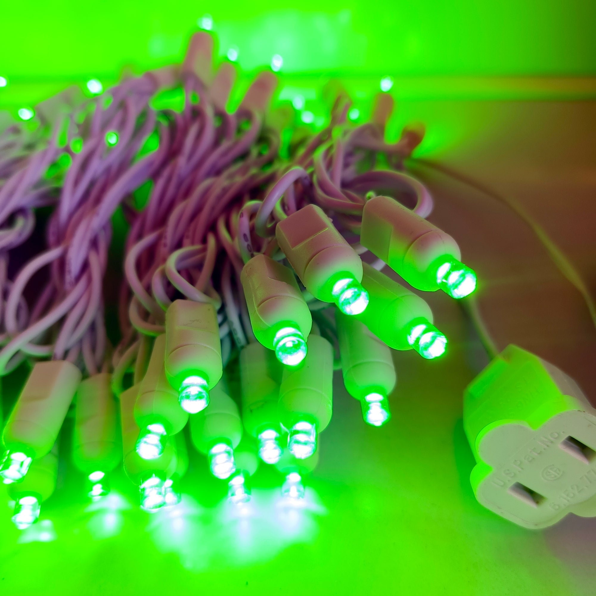 Commercial Grade Green 5mm Wide Angle LED Christmas Lights on White Wire