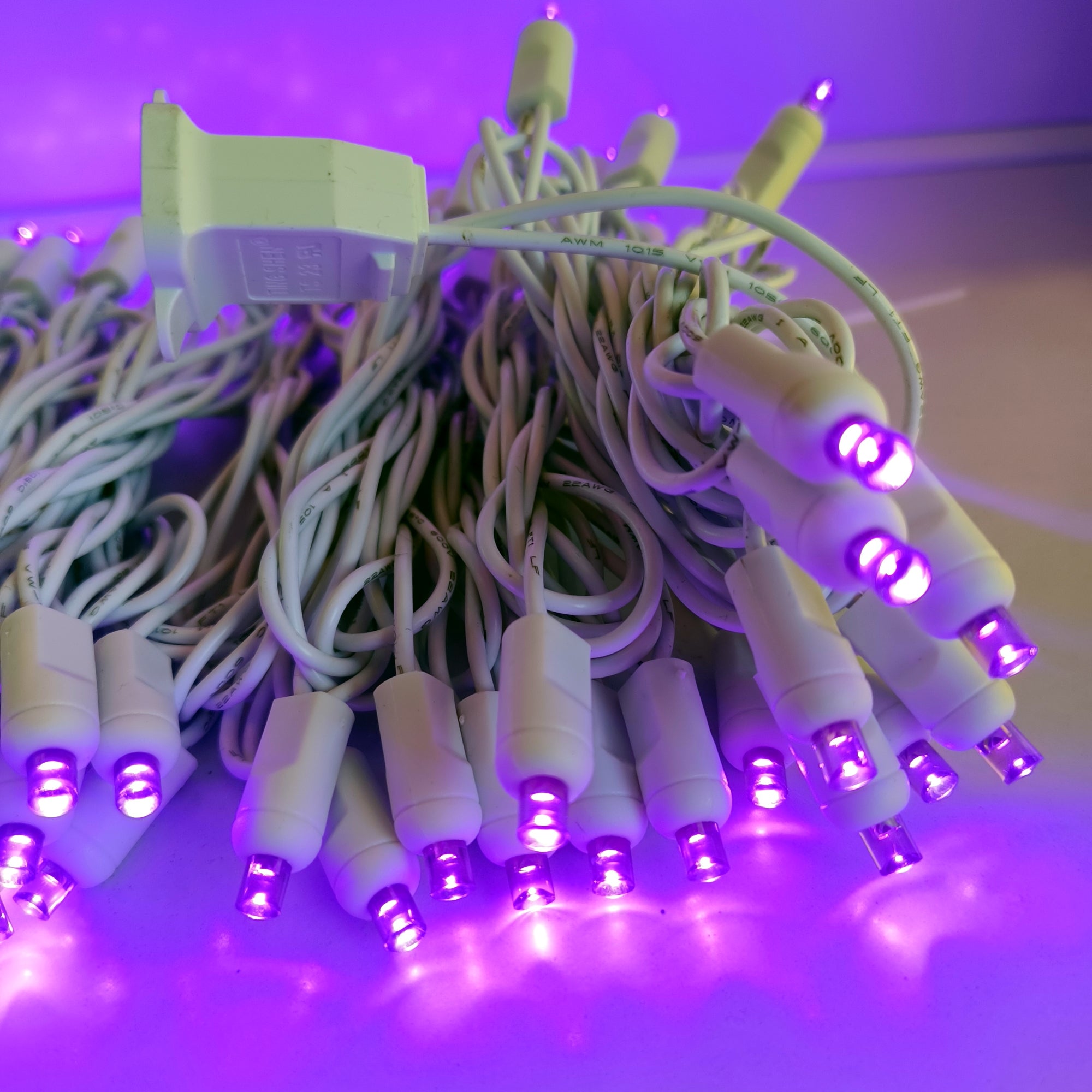 Commercial Grade Purple 5mm Wide Angle LED Christmas Lights on White Wire