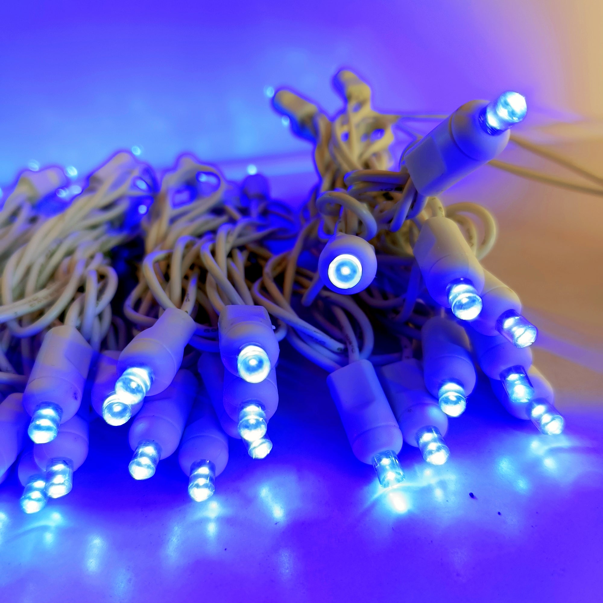 Commercial Grade Blue 5mm Wide Angle LED Christmas Lights on White Wire