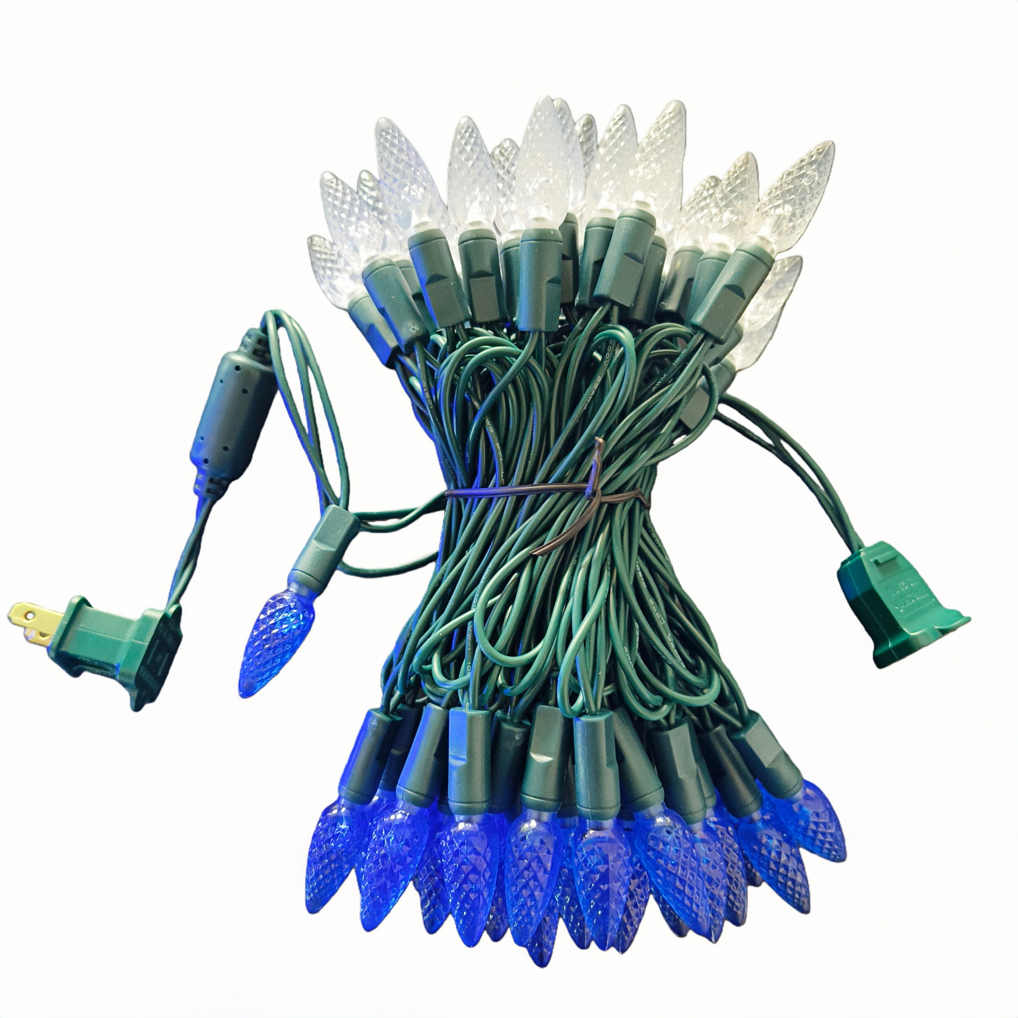 Commercial Grade Blue White C6 LED Christmas Lights on Green Wire