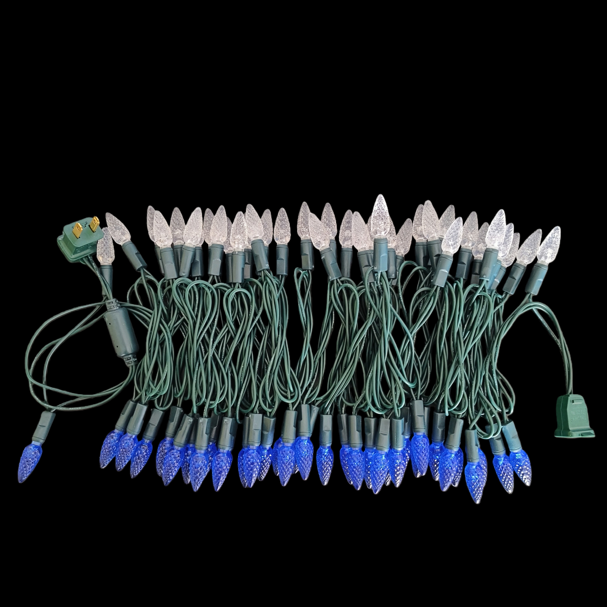 Commercial Grade Blue White C6 LED Christmas Lights on Green Wire
