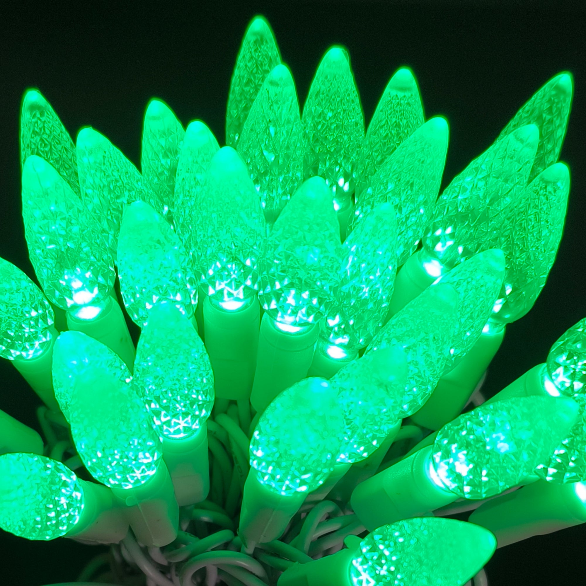 Commercial Grade Green C6 LED Christmas Lights on White Wire