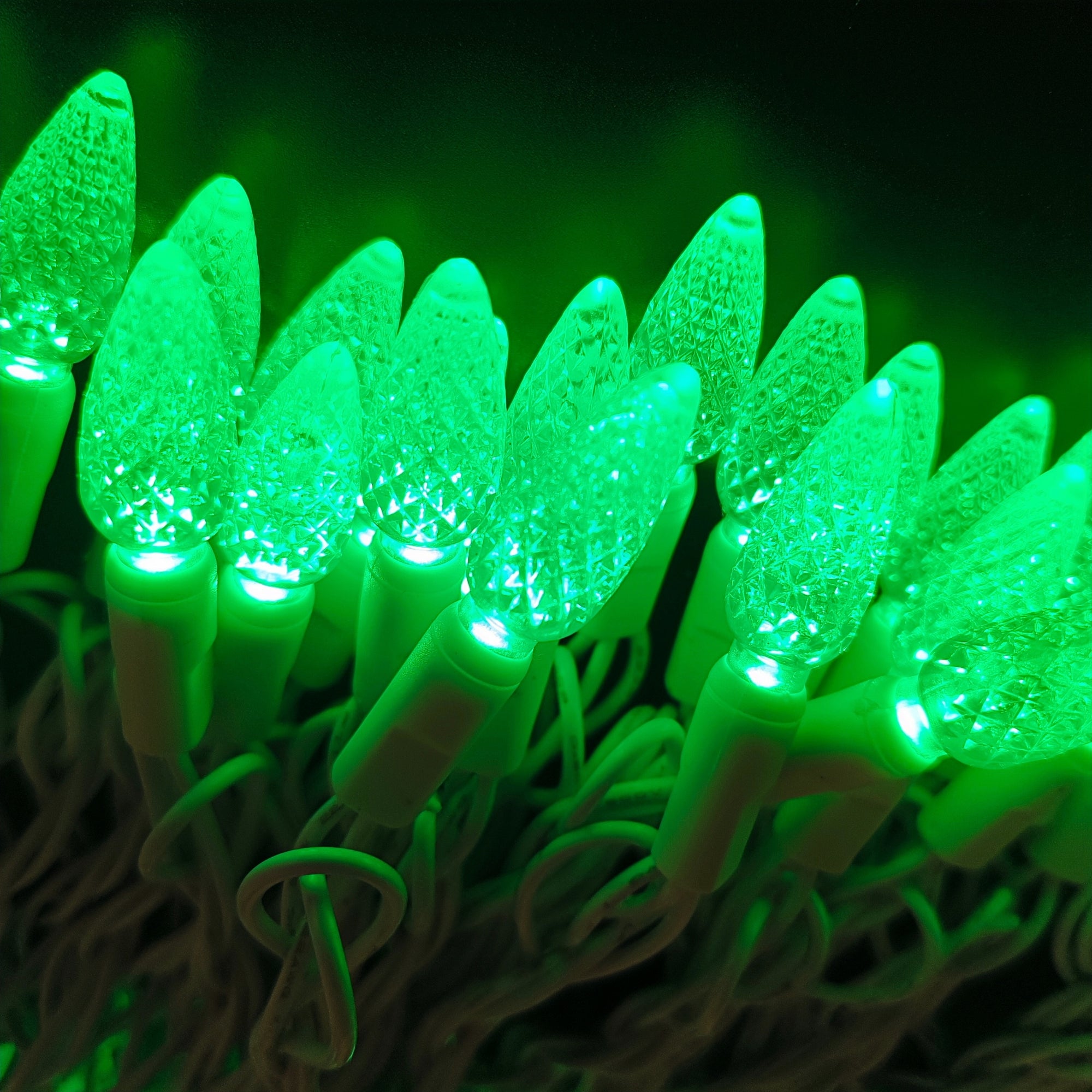 Commercial Grade Green C6 LED Christmas Lights on White Wire