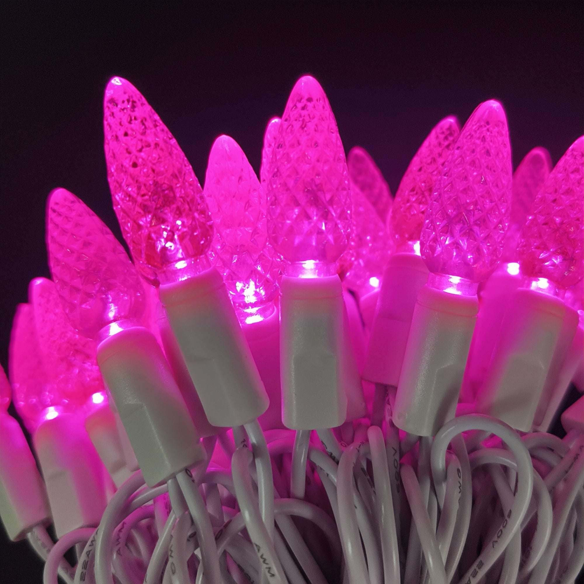 Commercial Grade Pink C6 LED Christmas Lights on White Wire
