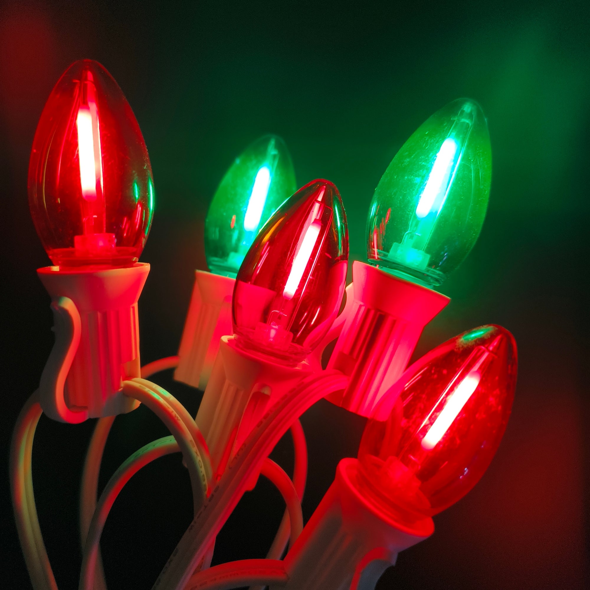 Commercial Grade Red Green C7 LED Christmas Lights 25Ft 25 Bulbs on White Wire