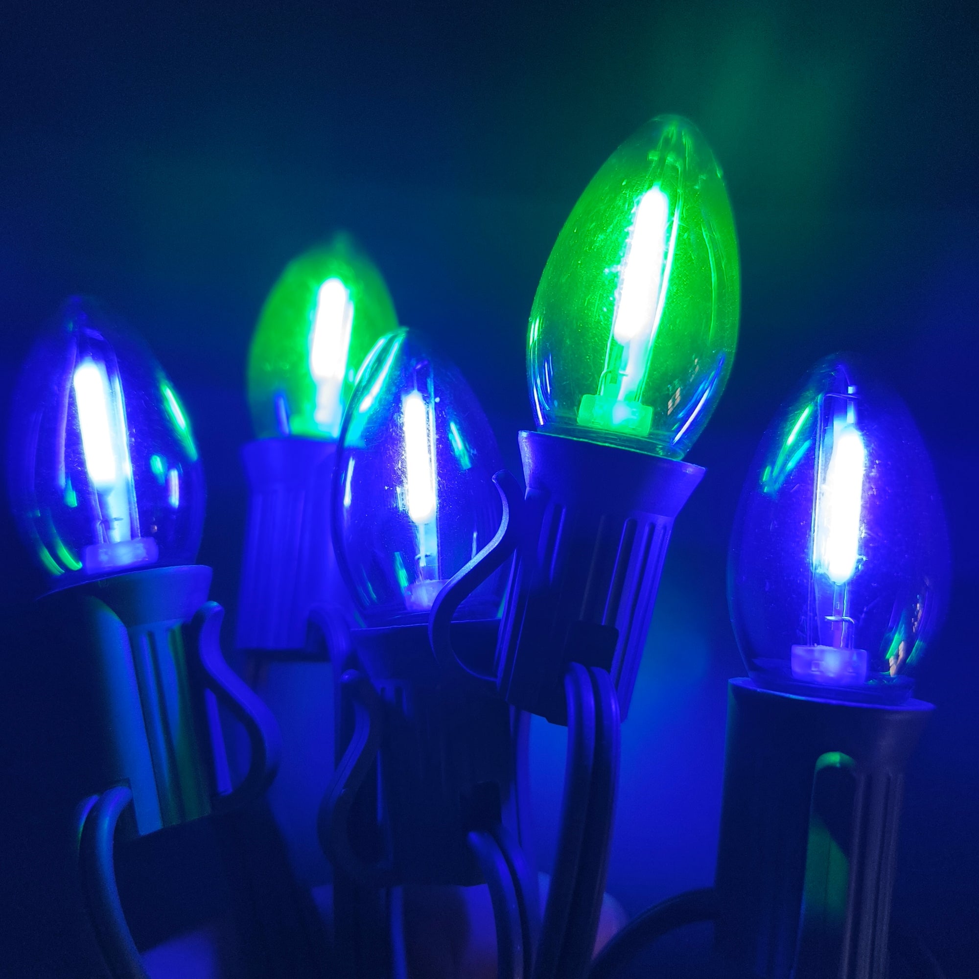 Commercial Grade Blue Green C7 LED Christmas Lights 25Ft 25 Bulbs on Green Wire