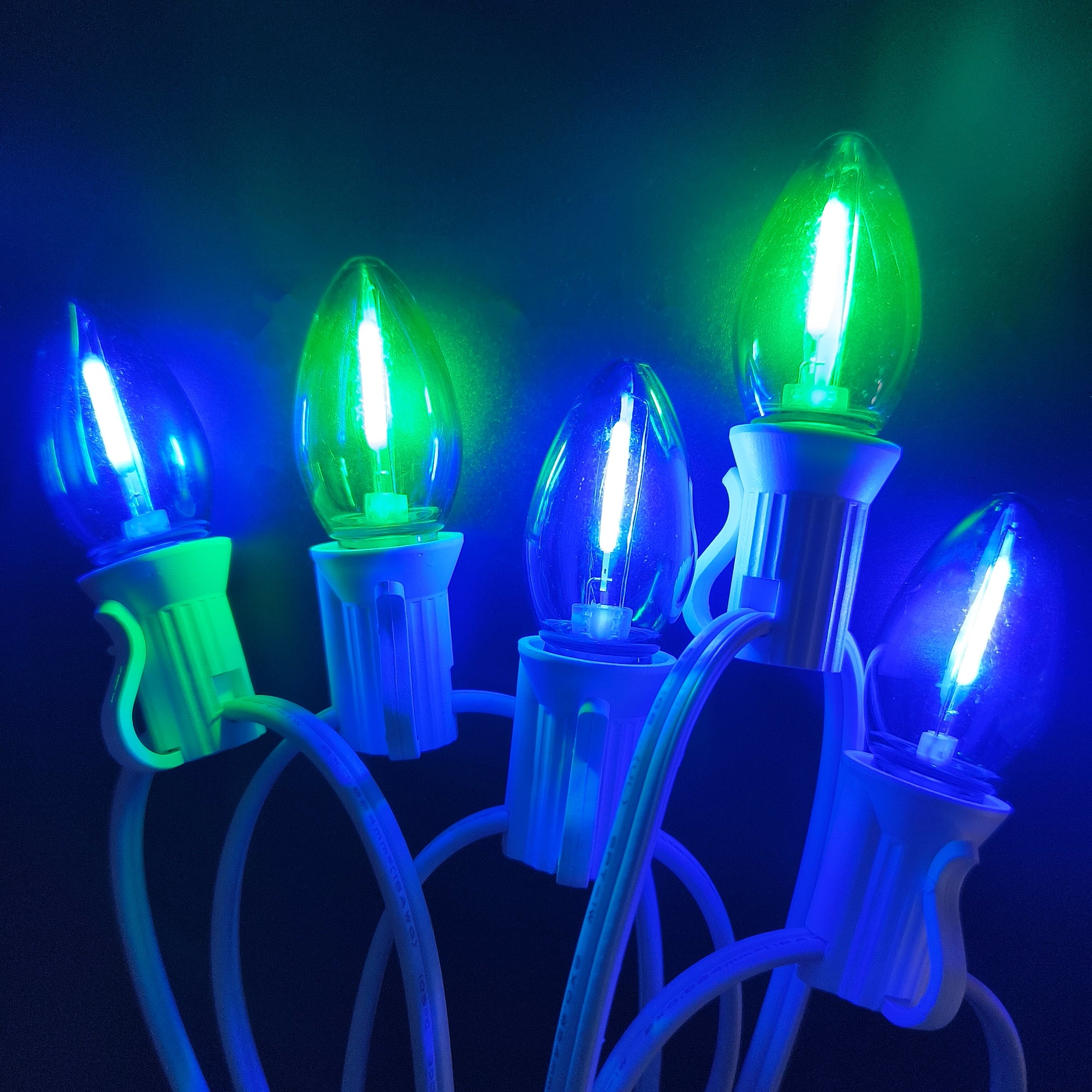 Commercial Grade Blue Green C7 LED Christmas Lights 25Ft 25 Bulbs on White Wire