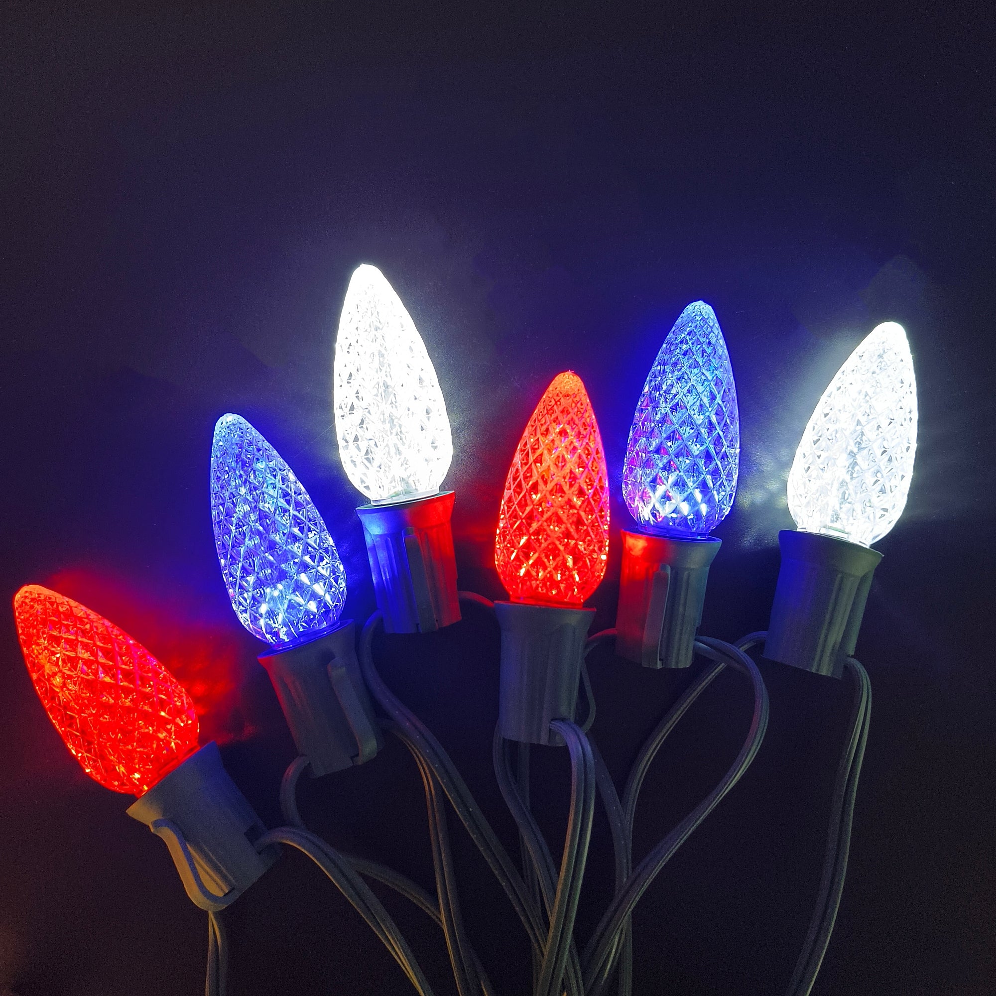 Commercial Grade Red Blue White C9 LED Christmas Lights 25Ft 25 Bulbs on Green Wire