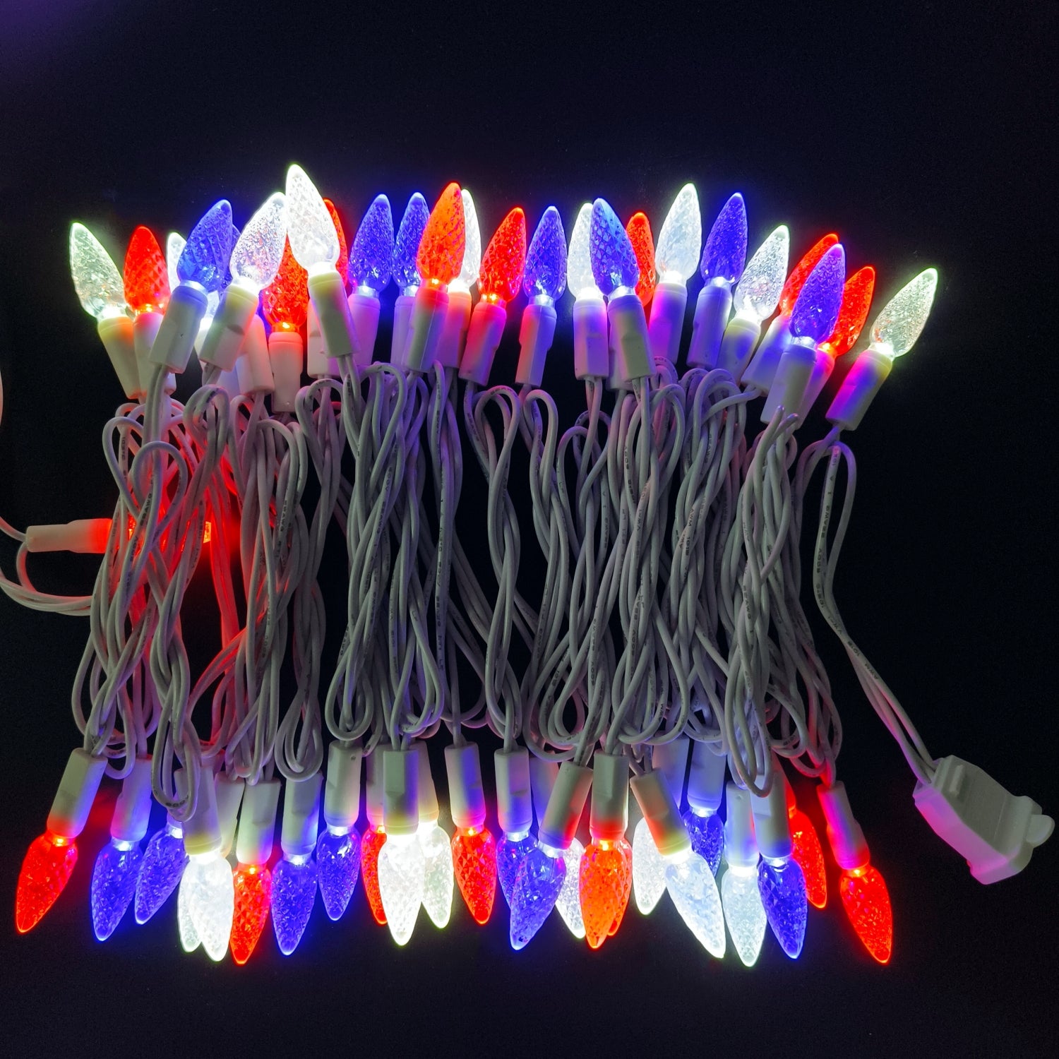 Commercial Grade Red Blue White C6 LED Christmas Lights on White Wire