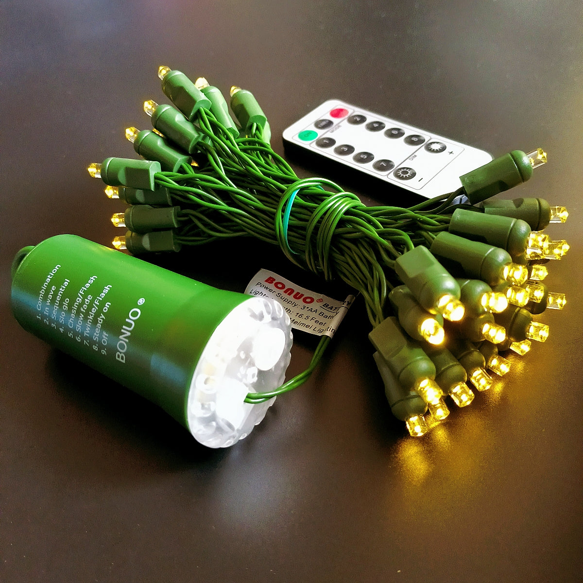 50 Count Warm White LED Christmas Lights Battery Operated on Green Wire