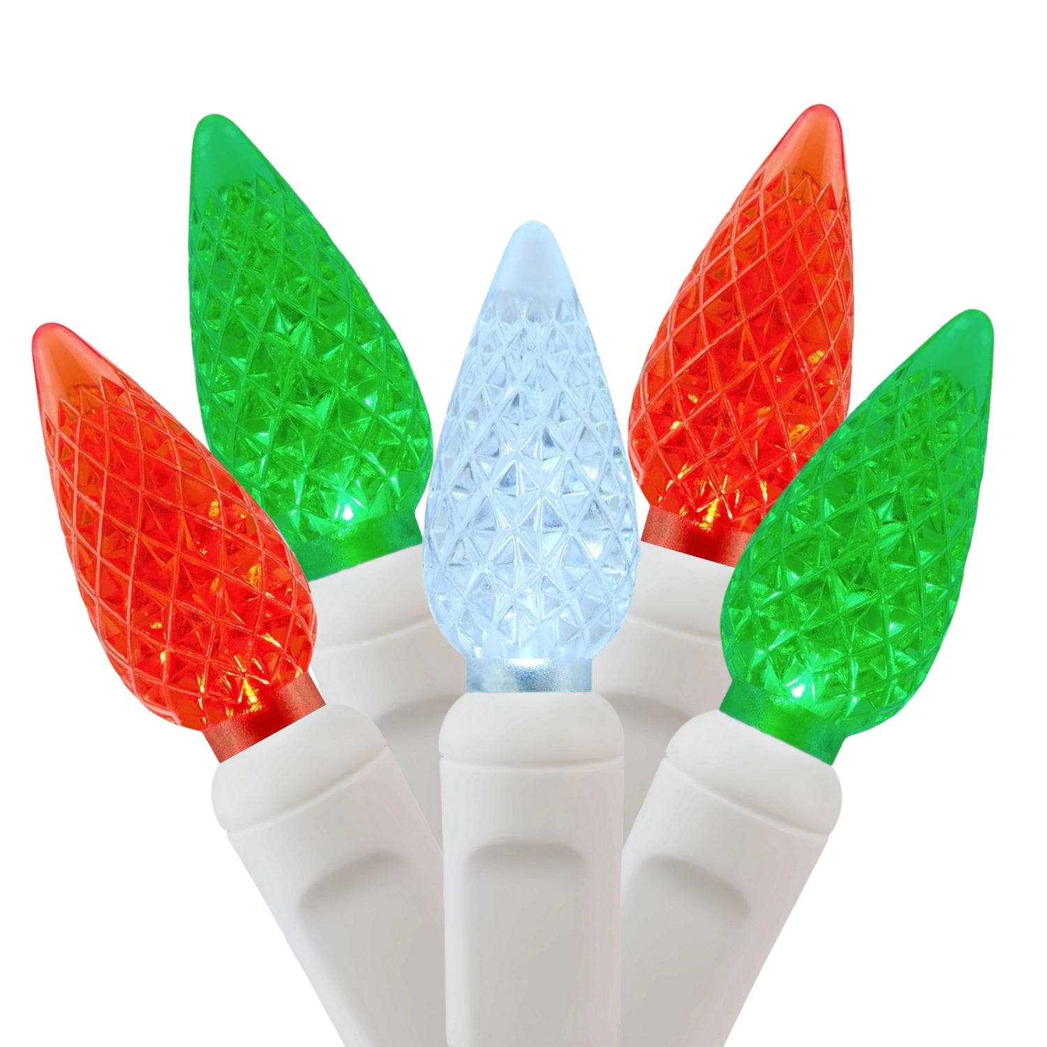Commercial Grade Red Green White C6 LED Christmas Lights on White Wire