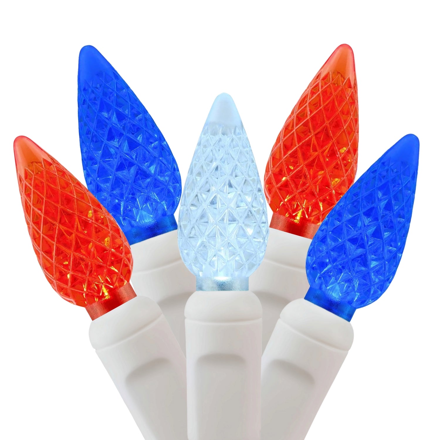 Commercial Grade Red Blue White C6 LED Christmas Lights on White Wire
