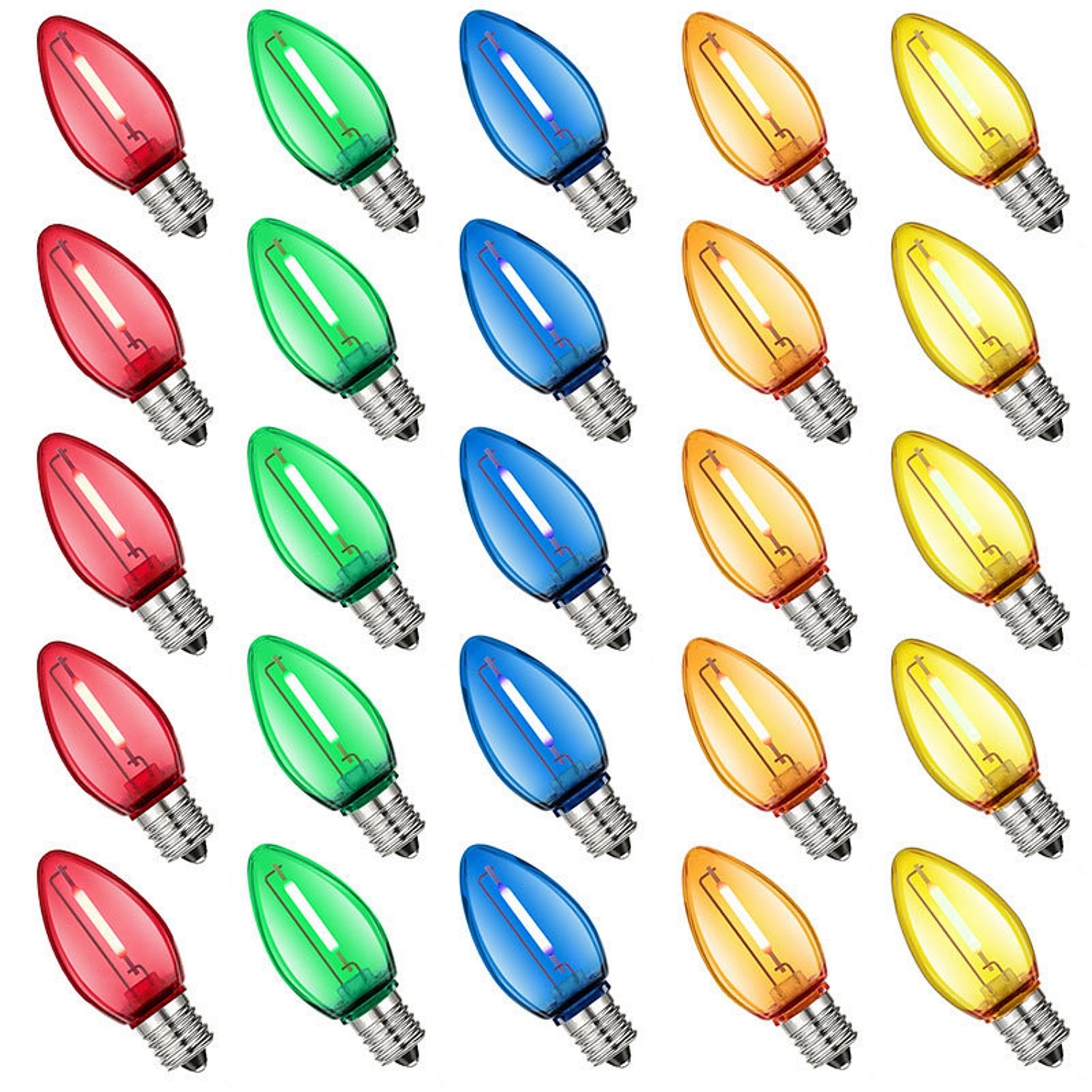 25 Pack C7 Multicolor LED Replacement Christmas Smooth Light Bulb, E12 Base