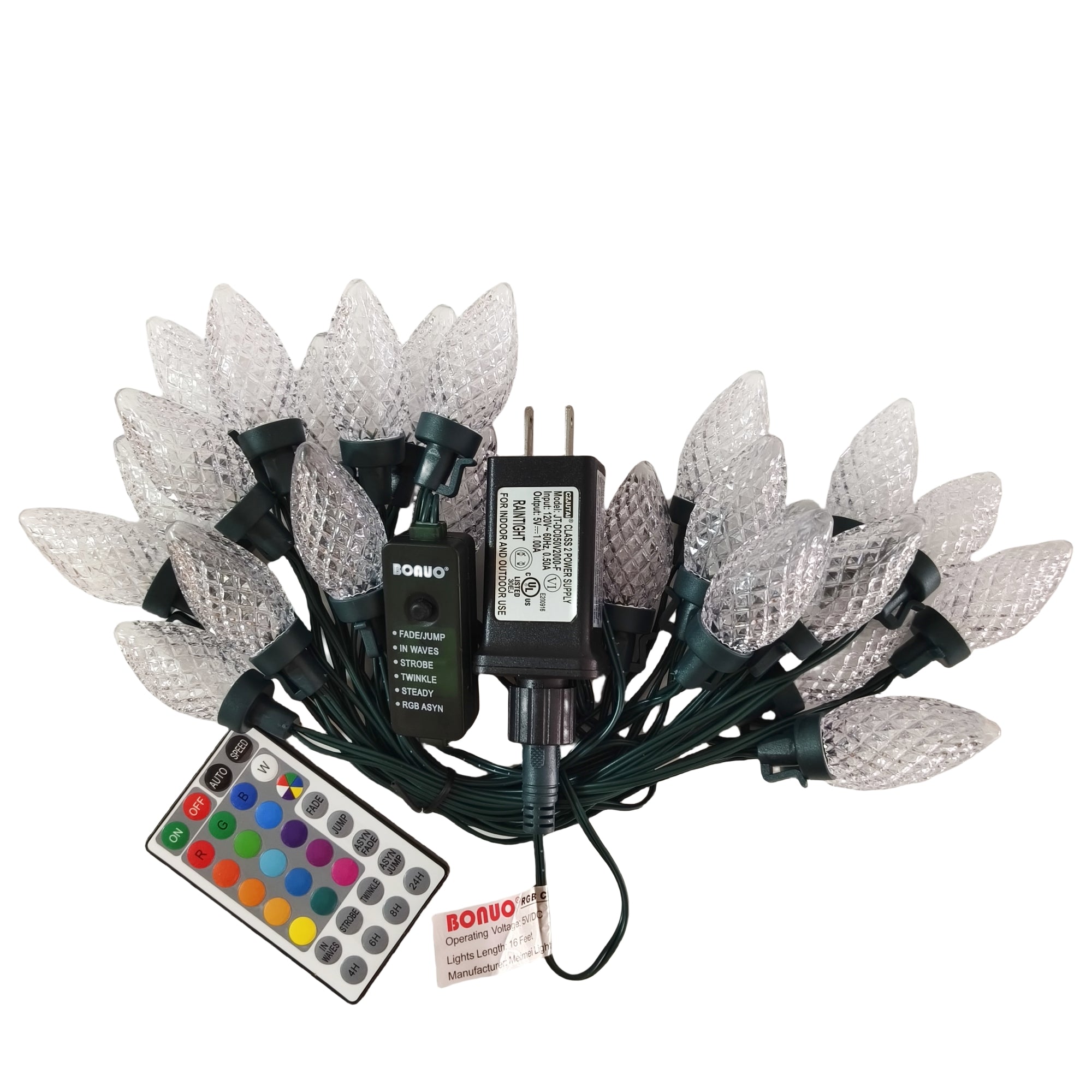 25 LED RGB Color Changing C9 Christmas Lights with Remote Timer on Green Wire